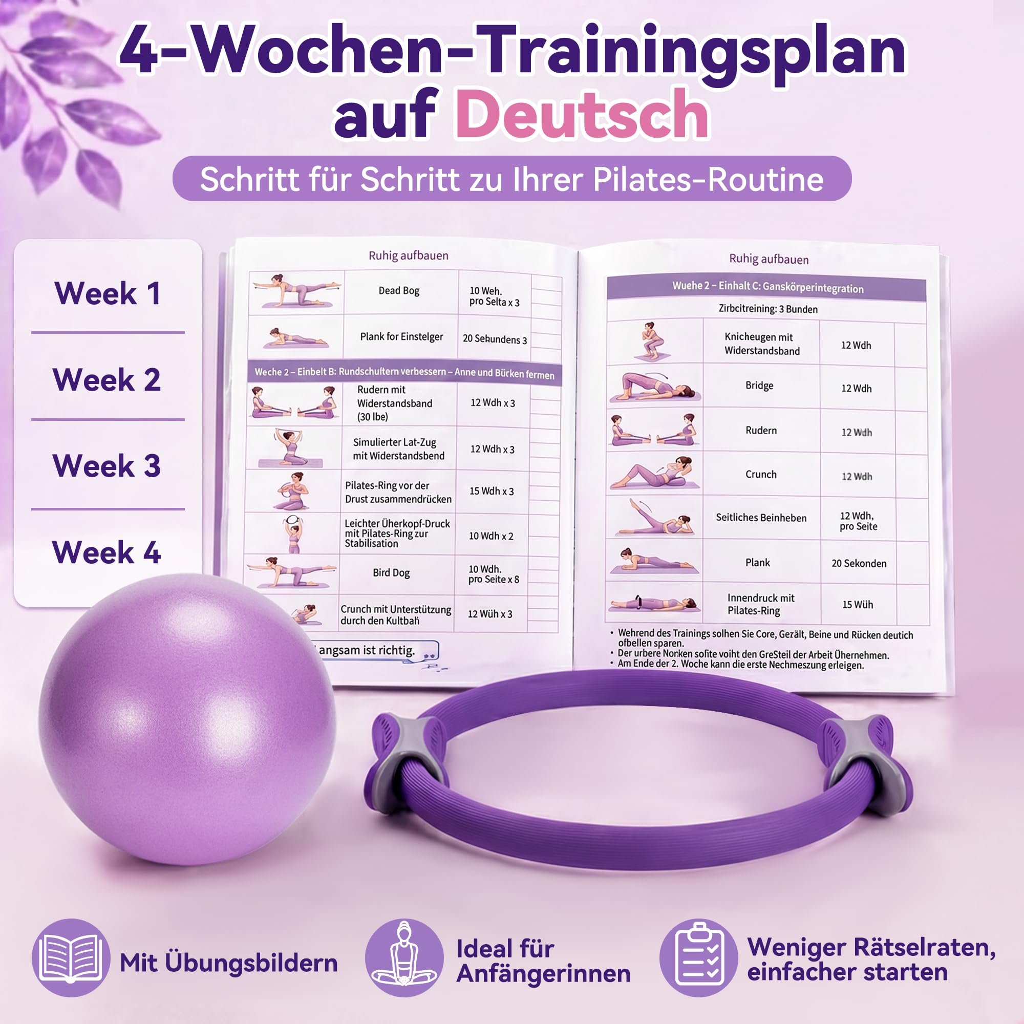 Pilates Set für Anfänger, für Fitness und Training zu Hause | Pilates Ring Set mit Ball, 5 Widerstandsbändern, Socken und 4-Wochen-Plan für Damen, Kraft, Balance und Beweglichkeit