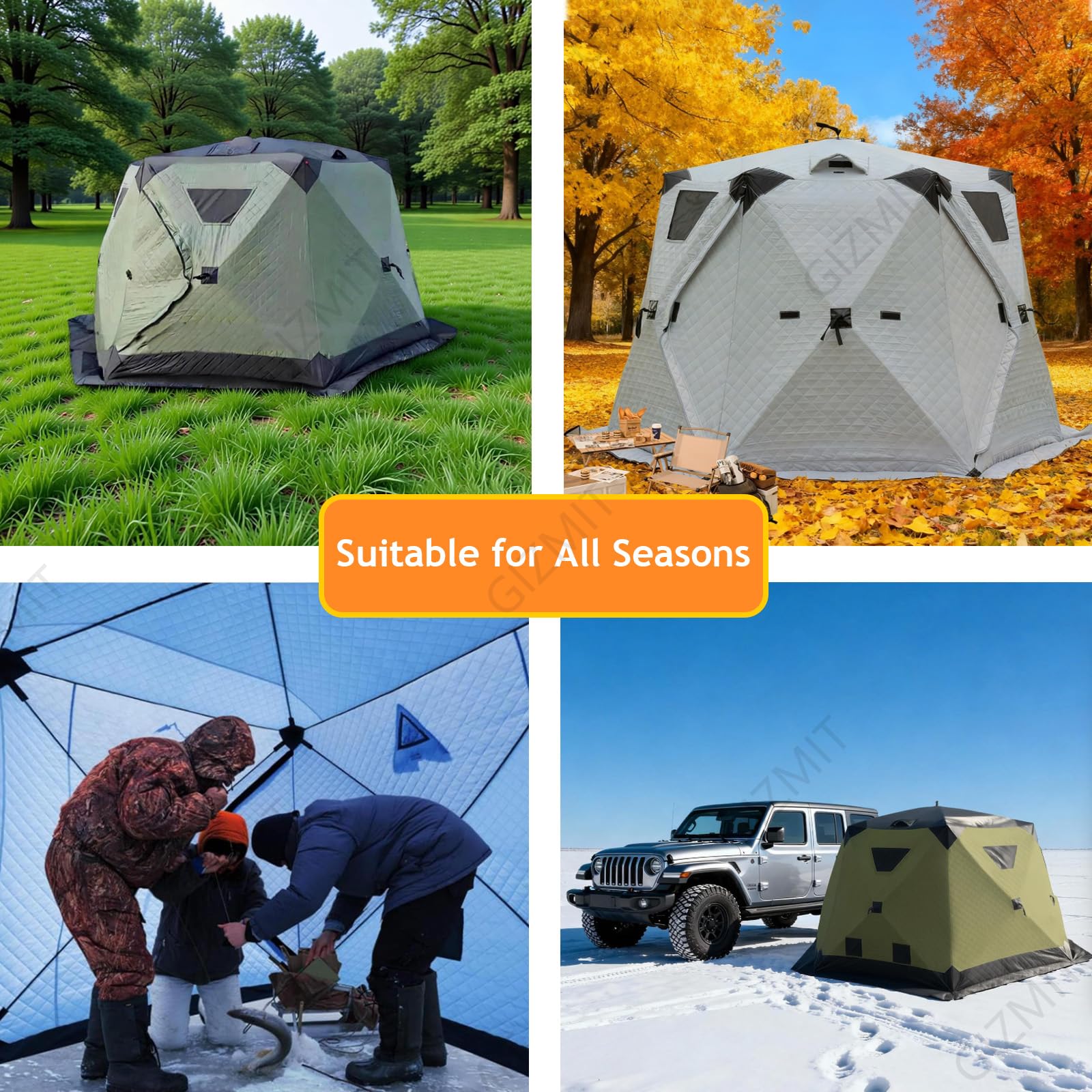 Tente de pêche sur glace isolée, cabanes hexagonales pour 5 à 6 personnes, abris de pêche sur glace avec cheminée, imperméable, pour la pêche sur glace et le camping d'hiver - Bleu