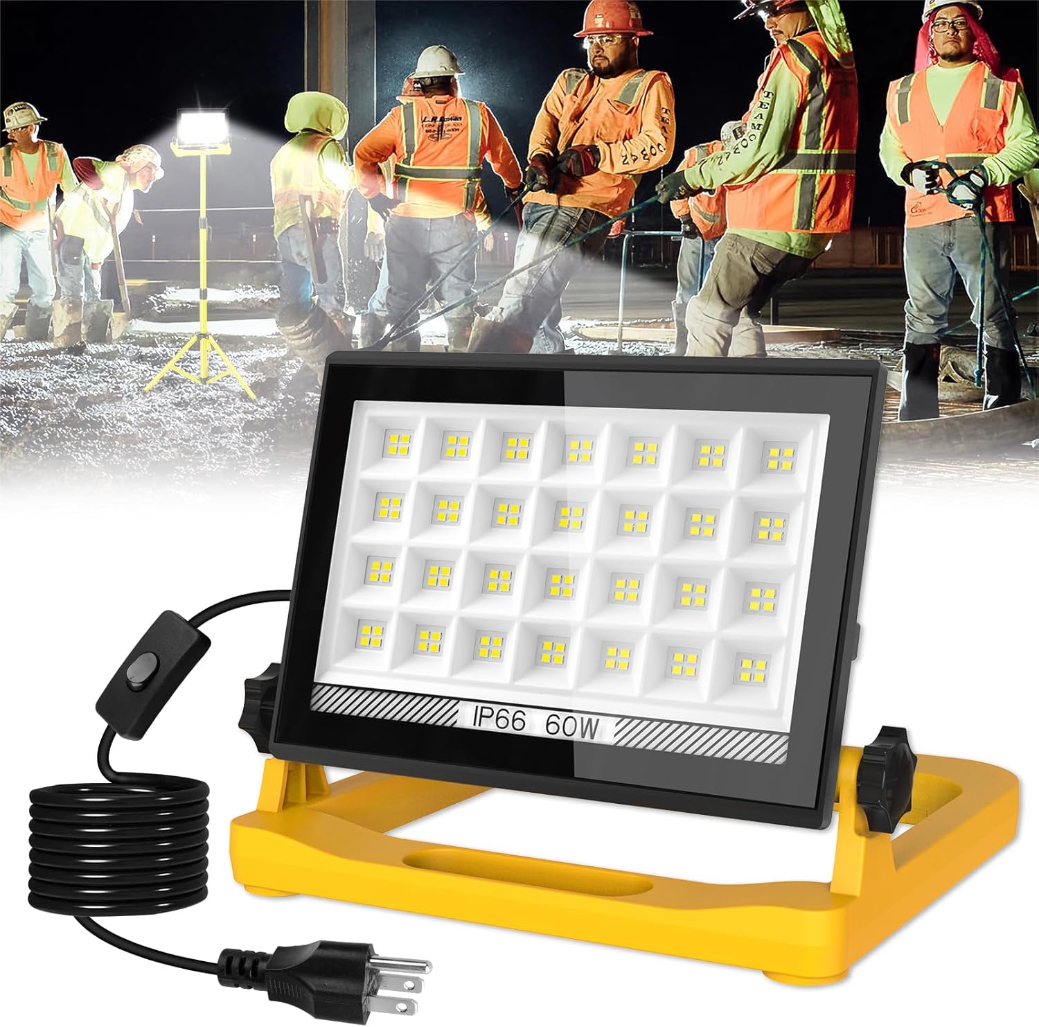T-SUN LED Work Light with Stand, 60W 6000K LED Flood Light Outdoor with 13FT Cord, 3 Adjustable Lighting,Magnetic Base/Hook Design, Portable Work Lights for Job Site, Construction, Workshop, Garage