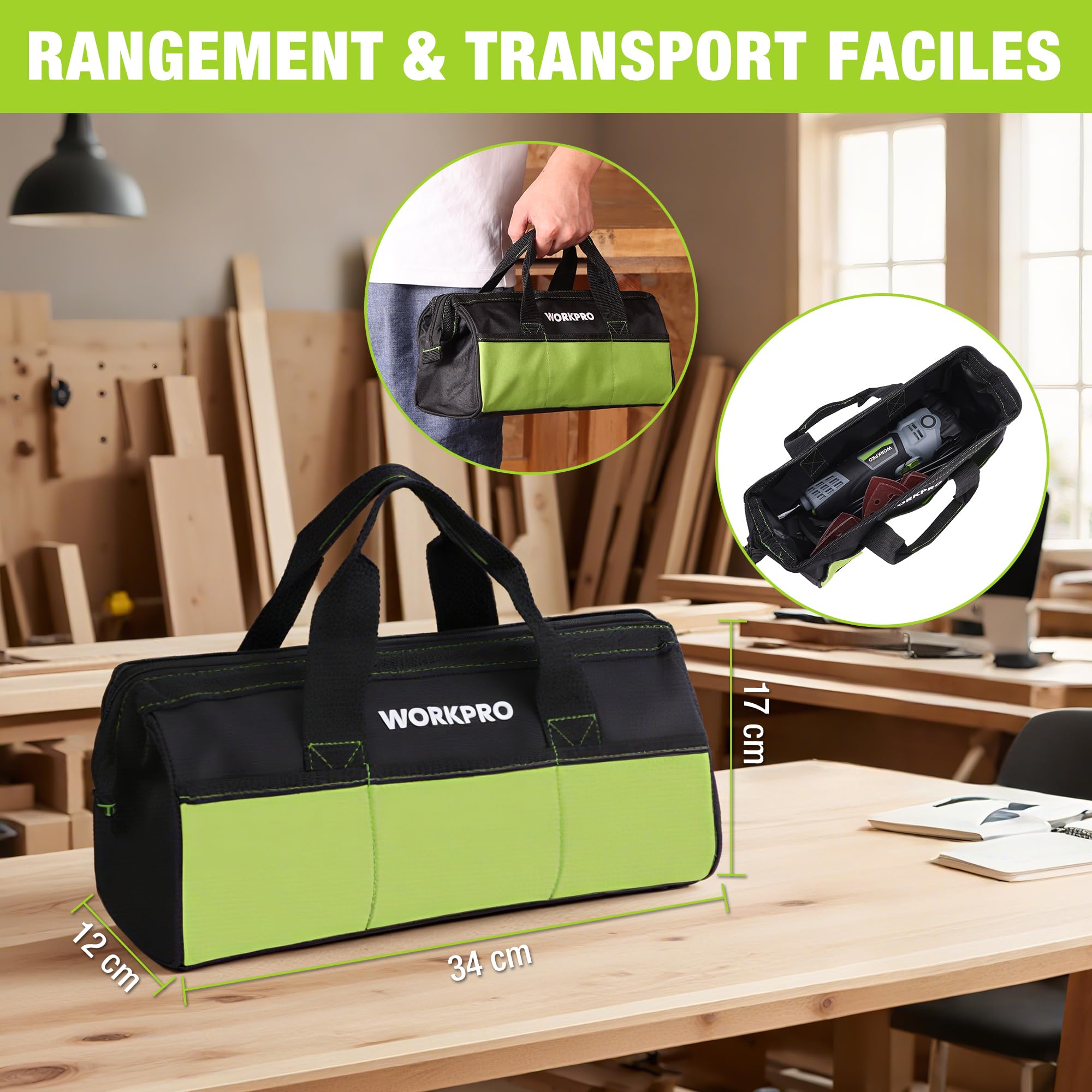 WORKPRO Outil Multifonction Oscillant 400 W, 6 Vitesses Réglables, 23 Accessoires, Angle d'Oscillation 3,5°, pour Sciage, Grattage, Sablage, Façonnage, Polissage, Coupe