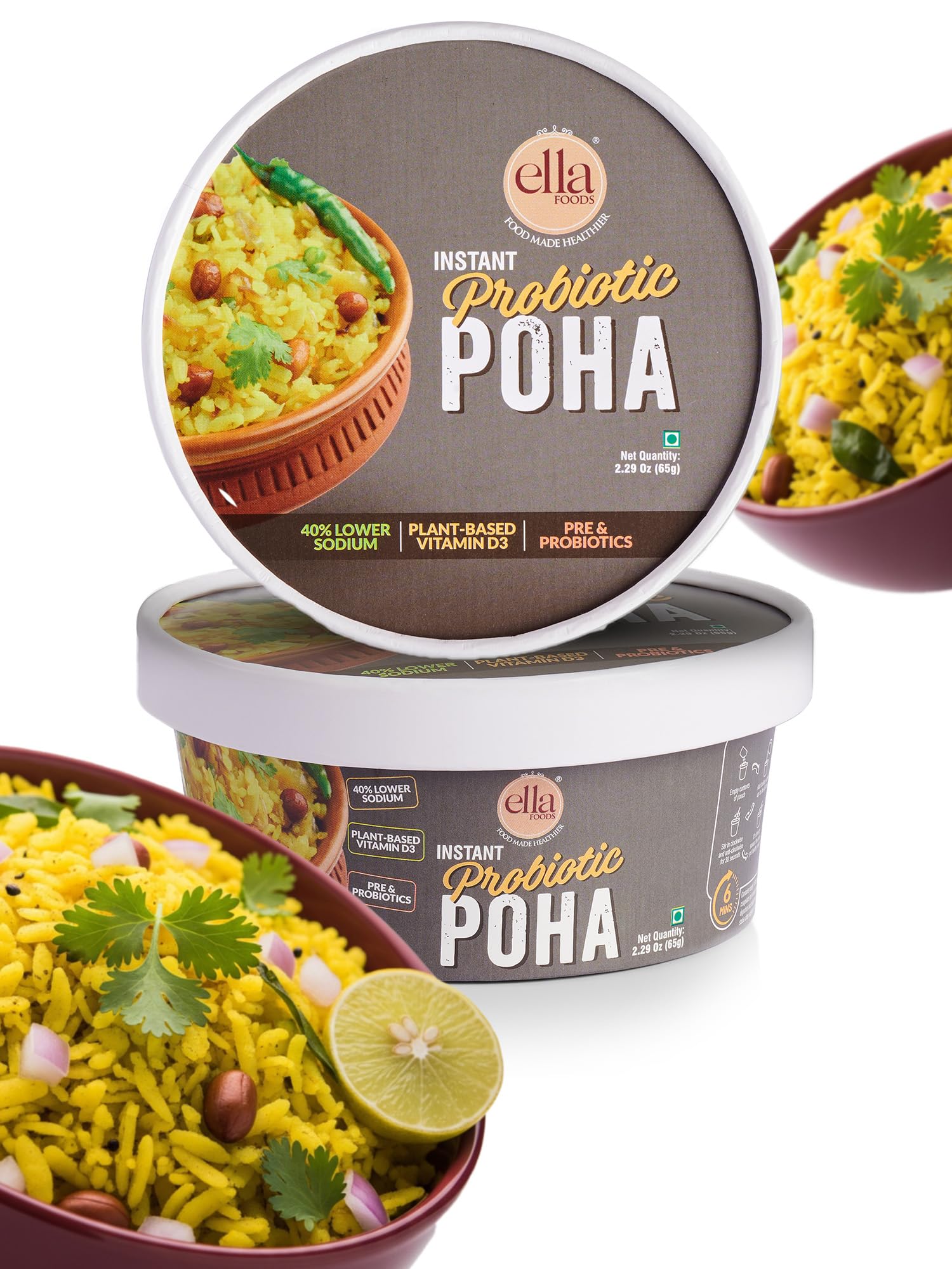 Ella Foods Instant Probiotic Poha | 40% Less Sodium | Added Pre & Probiotics | Plant based Vitamins & Omega 3 | 65 grams each | Pack of 2-image-12