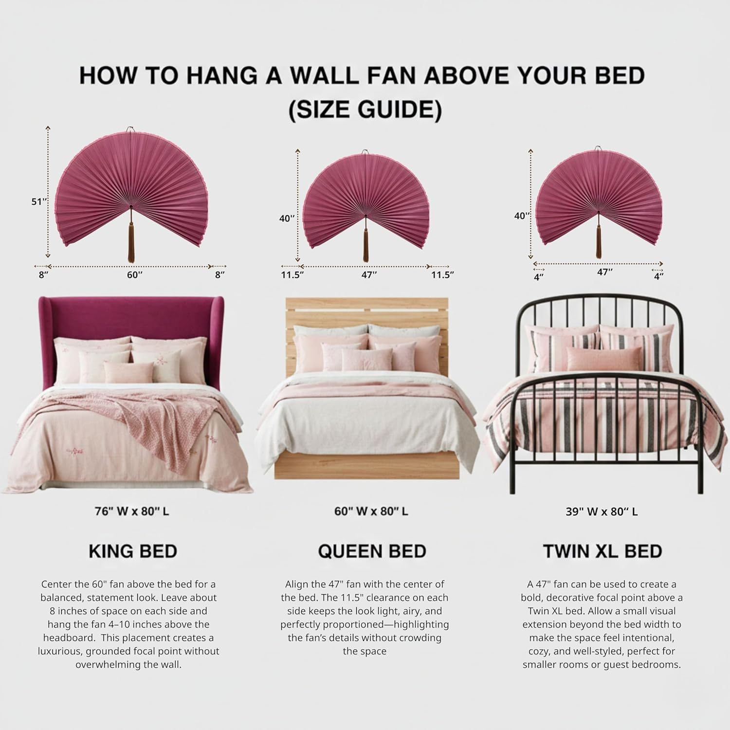 Bamboo Wall Fan - 47” Handwoven Bamboo Wall Decor, Japanese Wall Hanging Fan for Bedroom, Fireplace, Natural Asian Wall Art for Boho & Farmhouse with Hook Strap Included (Pink, Large)