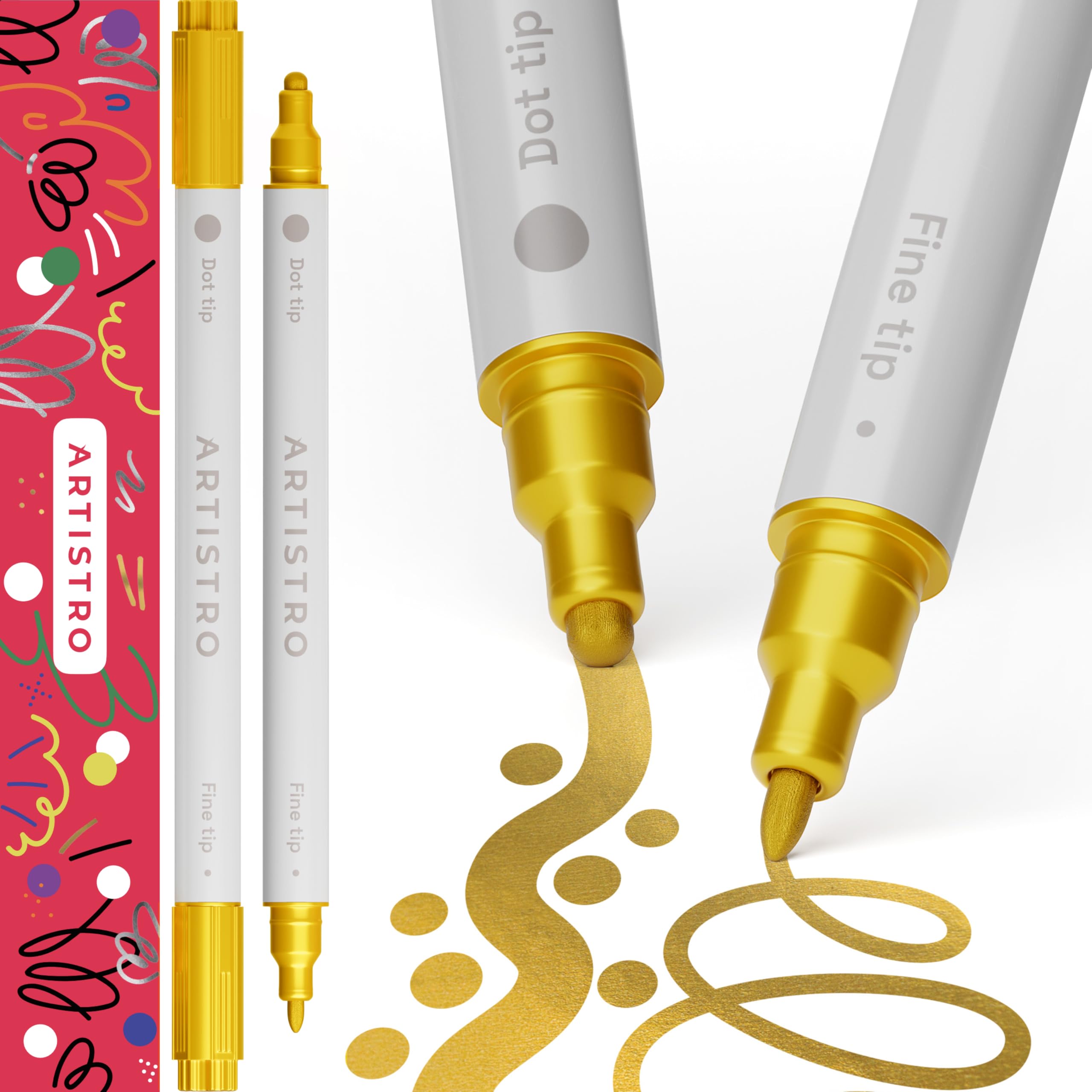ARTISTRO 2 Gold Acrylic Paint Pens, Acrylic Paint Markers Dual Tip (Fine 1mm + Dot 5mm), Acrylic Markers for Fabric, Canvas, Rock, Glass, Wood, Paper, DYI, Paint Markers for Kids and Adults