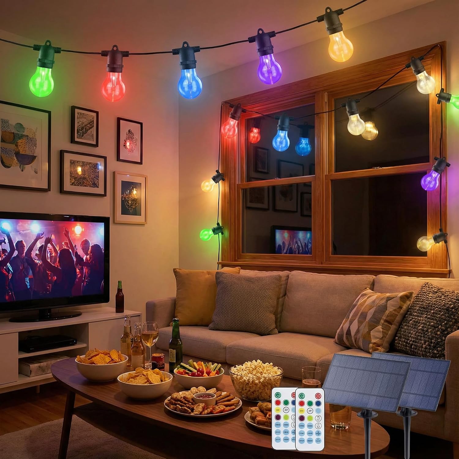 48FT Commercial Outdoor String Lights RGB - Dimmable Shatterproof Edison Bulbs with Remote, Waterproof Patio Lights for Cafe, Yard, Party, Wedding