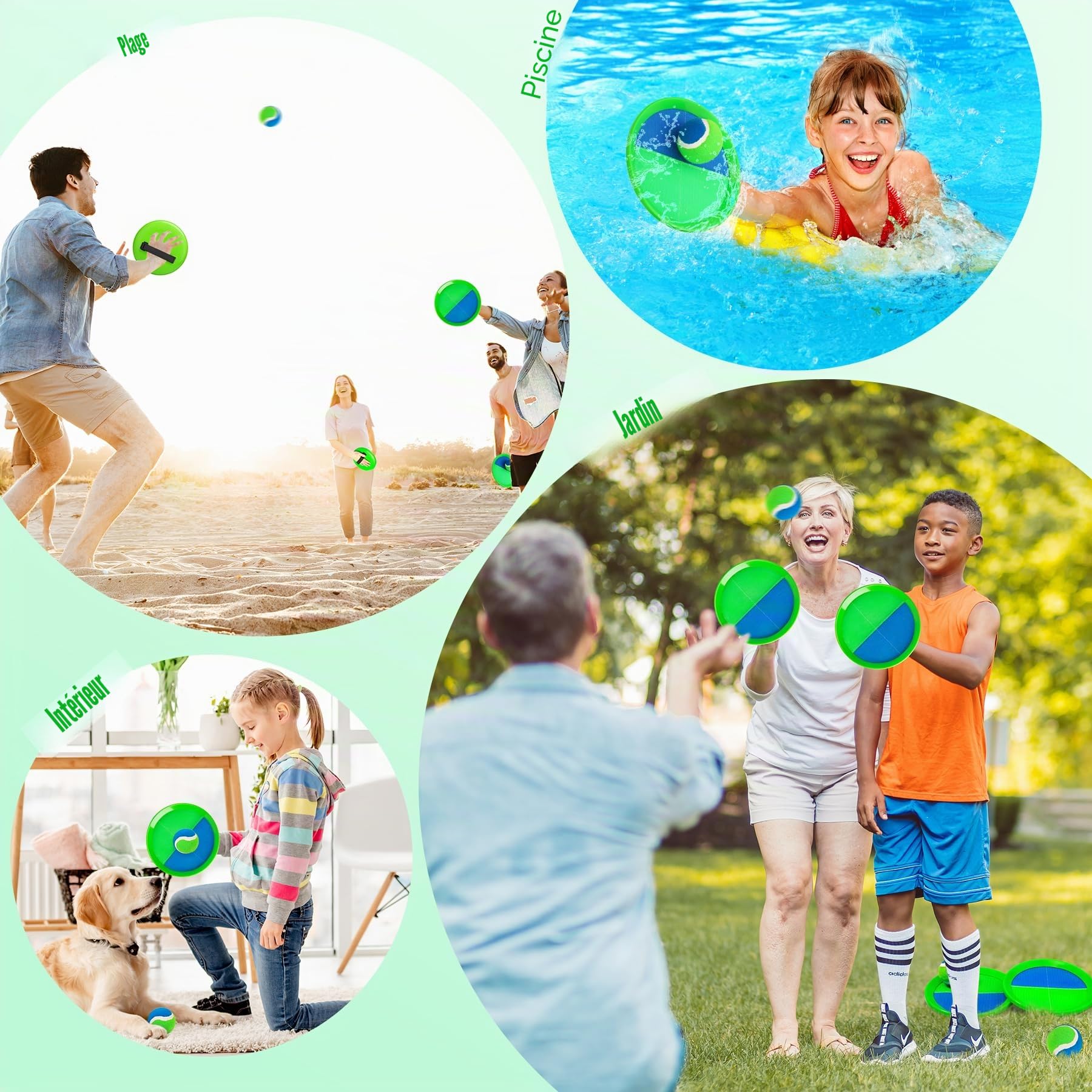 INPODAK Enfants Lancer Catch Ball Jouet Jeu de Balle avec Raquettes pour Enfants 3-12 Ans Jeu Ensemble avec 4 Raquettes 4 Balles et 1 Sac de Rangement Raquette de Plage pour Jardin Piscine Plage