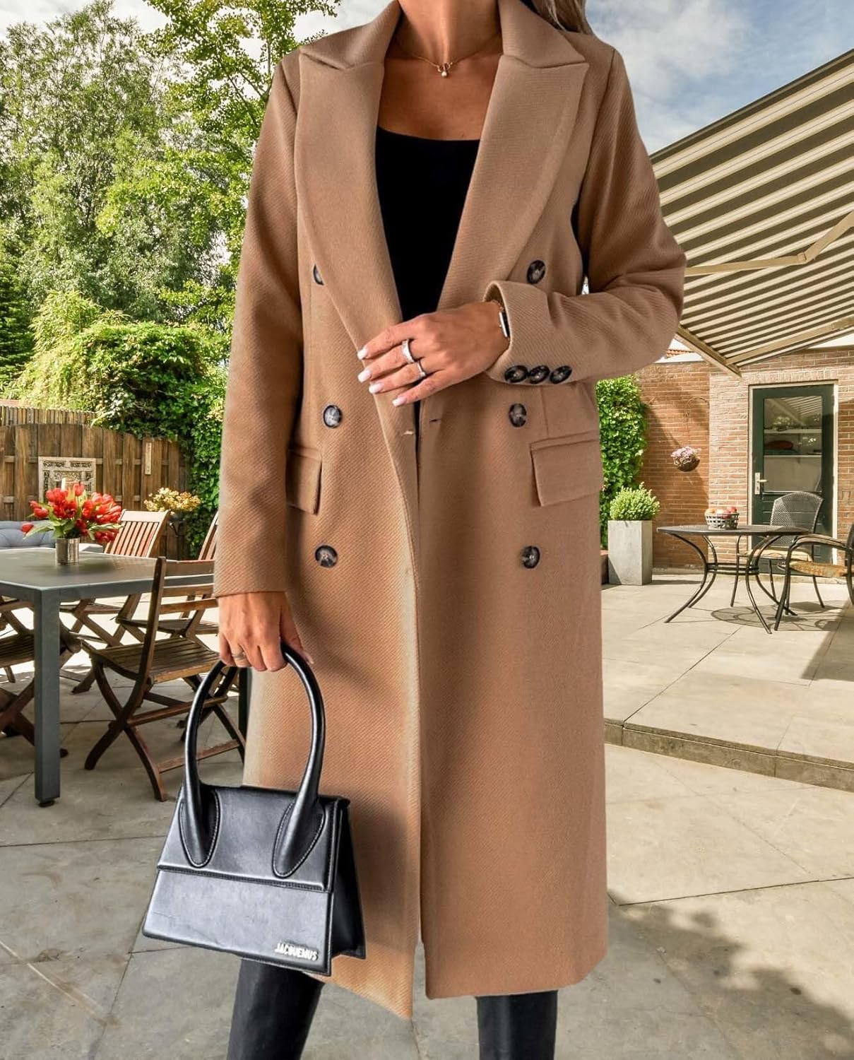 Womens Solid Color Double Breasted Medium Length Slim Coat Winter Casual Lapel Wool Jacket Coat - Image 2