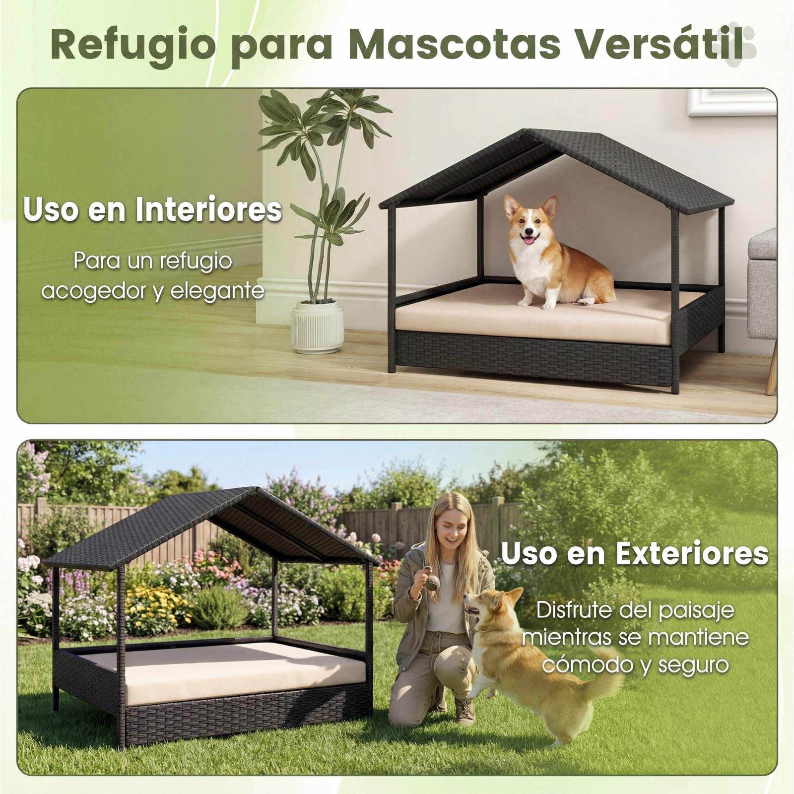 COSTWAY Caseta para Perros Exterior e Interior, Casa Perro de Ratán Grande con Dosel, Base Elevada, Cojín Removible, Estructura Metálica, Cama Elevada para Mascotas, Carga 60 kg, 98x69x74 cm (Beige)