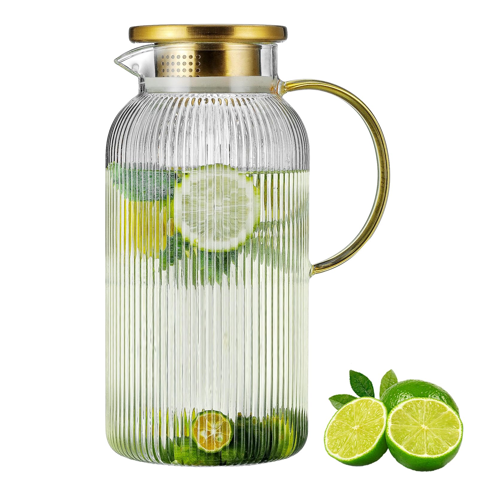 Buaic Glass Pitcher with Lid, 68 oz/2 Liter Classic Vertical Stripes Water Pitcher,Glass Water Carafe for Cold Brew, Coffee, Lemonade, Iced Sun Tea,