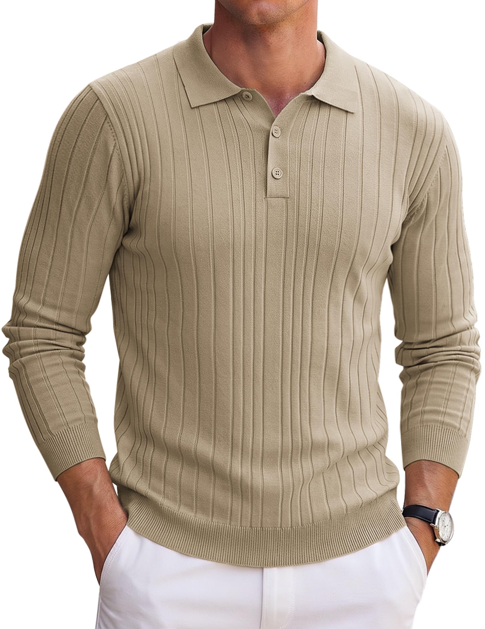 Coofandy Men's Long Sleeve Knit Polo Shirt, Model ZTJ009528, Khaki, XL