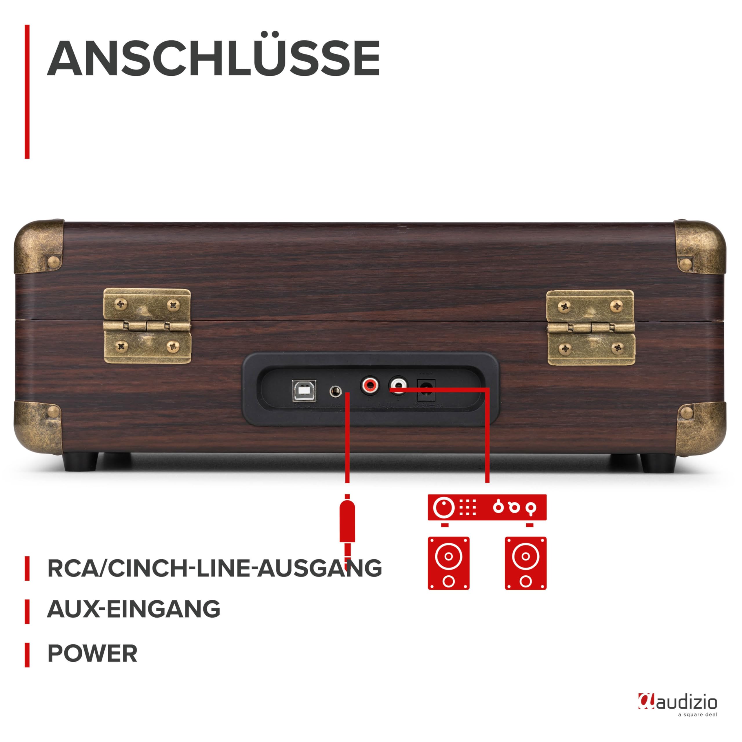 Audizio RP116DW Plattenspieler mit Lautsprecher - Vinyl Player 3-Gang Antrieb, Plattenspieler Bluetooth 5.0, Schallplattenspieler mit Riemenantrieb 33/45/78, Auto-Stop, Digitalisieren mit USB, AUX