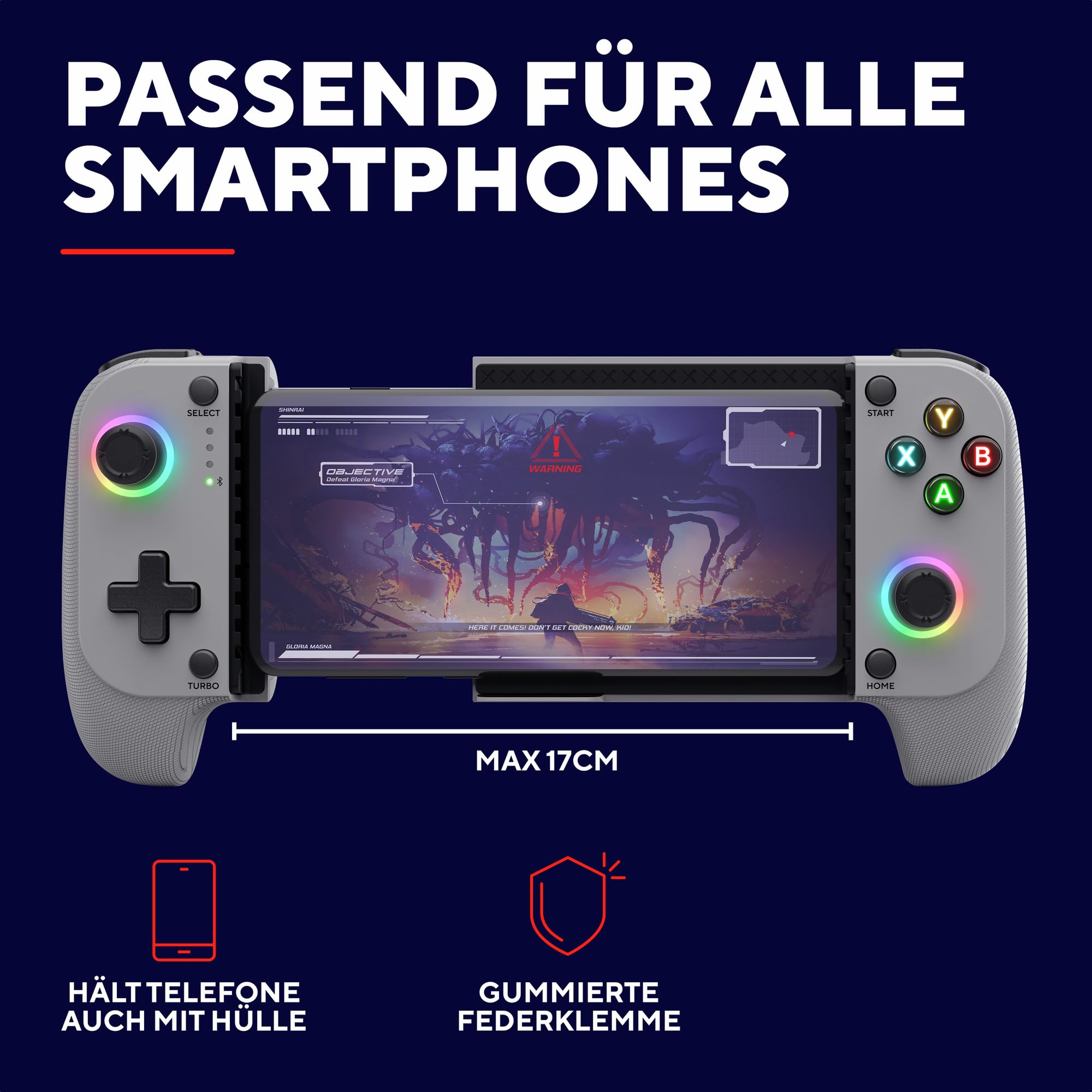 Trust Gaming GXT 735G Mylox Bluetooth Handy Controller für Iphone/Android /PS5 /Xbox, 12 Stunden Spielzeit, Dual-Feedback-Vibration, RGB-Beleuchtung, Handheld Wireless Gamepad, Mobile Gaming, Grau