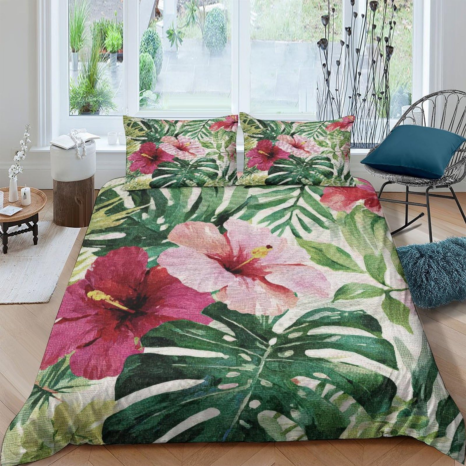 GPLZQXKJNH 3D Printed Tropical Hibiscus Duvet Cover Microfiber Soft Green Leaf Quilt Cover Set with 2 Pillowcases for Bedroom Decor Single（135x200cm）