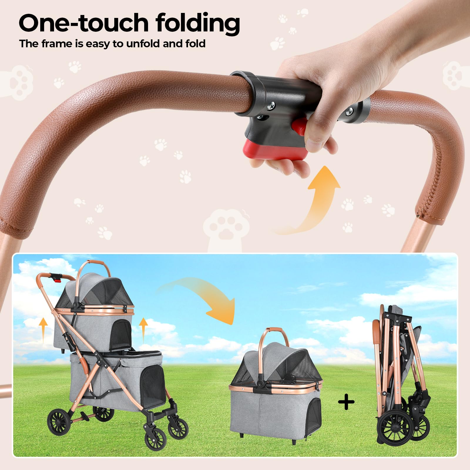 MAMIZO Dubbele hondenbuggy, huisdierbuggy tot 15 kg, opvouwbare 2-etages hondenwagen, kattenbuggy voor 2 etages met 4 stuks slijtvaste PU-wielen, hondenbox transporttas, grijs
