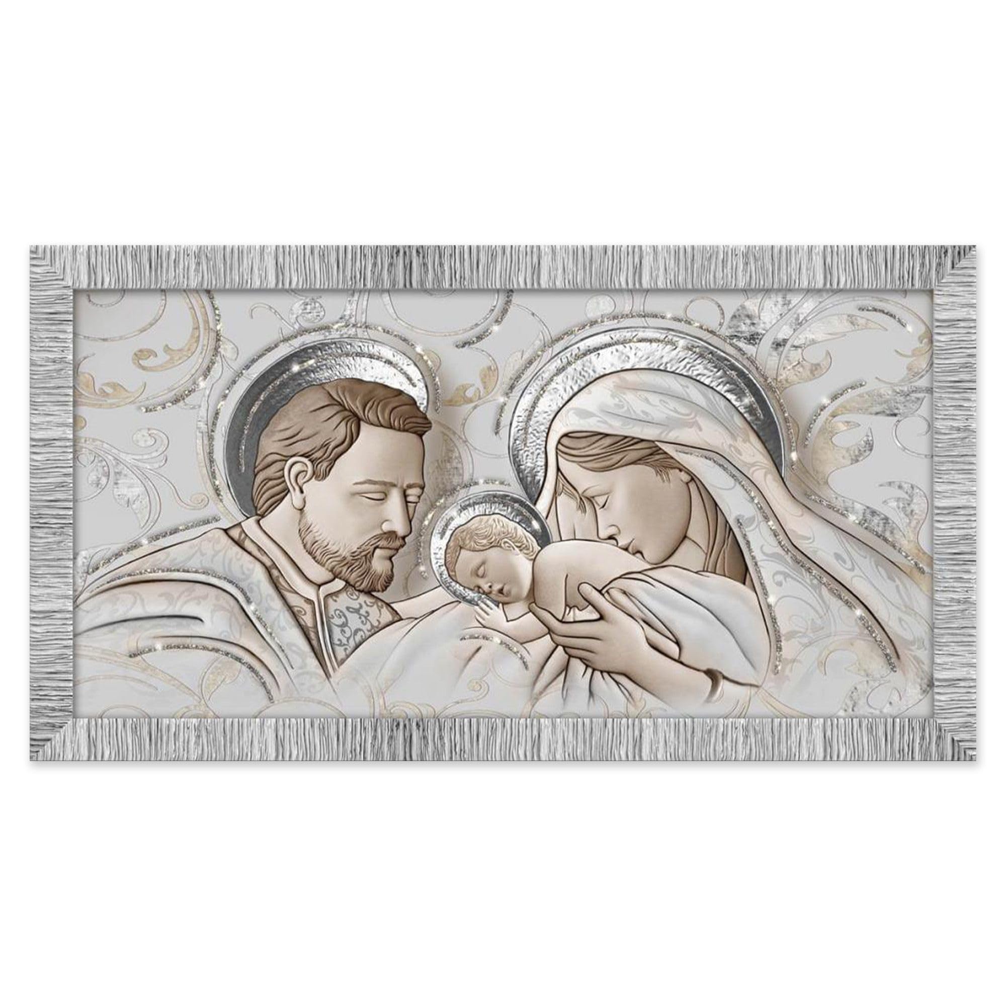 Lupia - Cuadro moderno The Kiss Ceramic Mix Sagrada Familia Juovy, decoración con purpurina, marco de madera estriada plateada, apto para dormitorio, salón y oficina, 60 x 110 cm, impresión sobre