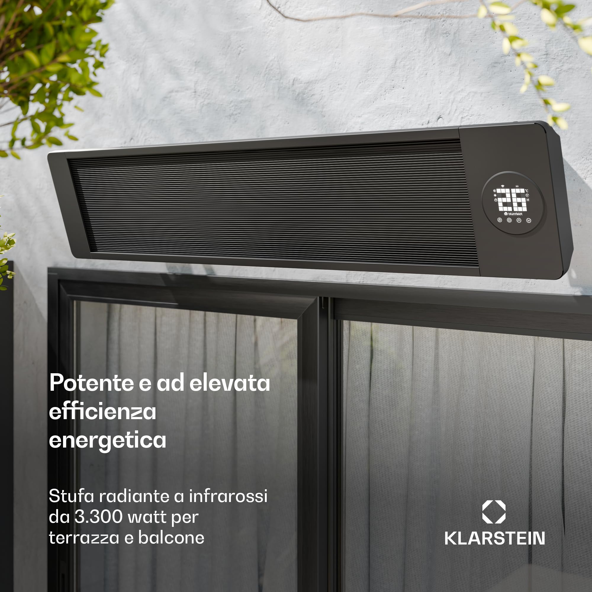 blumfeldt Pannelli Radianti a Infrarossi 3300W - Montaggio a Parete/Soffitto, IP44, 2 Livelli di Riscaldamento, Controllo Smart Via App, Termostato Wireless, Display a LED Touch, per Balcone & Patio