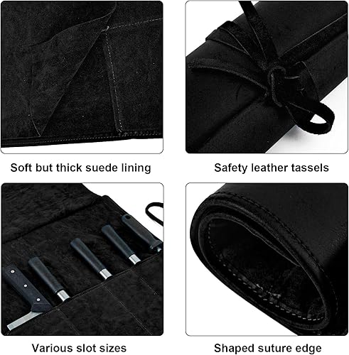 Miniatura 3 de Rollo de cuchillos de cuero genuino, bolsas para cuchillos para chefs profesionales, cuchillo de chef pequeño, protectores de cuchillos con 5 5