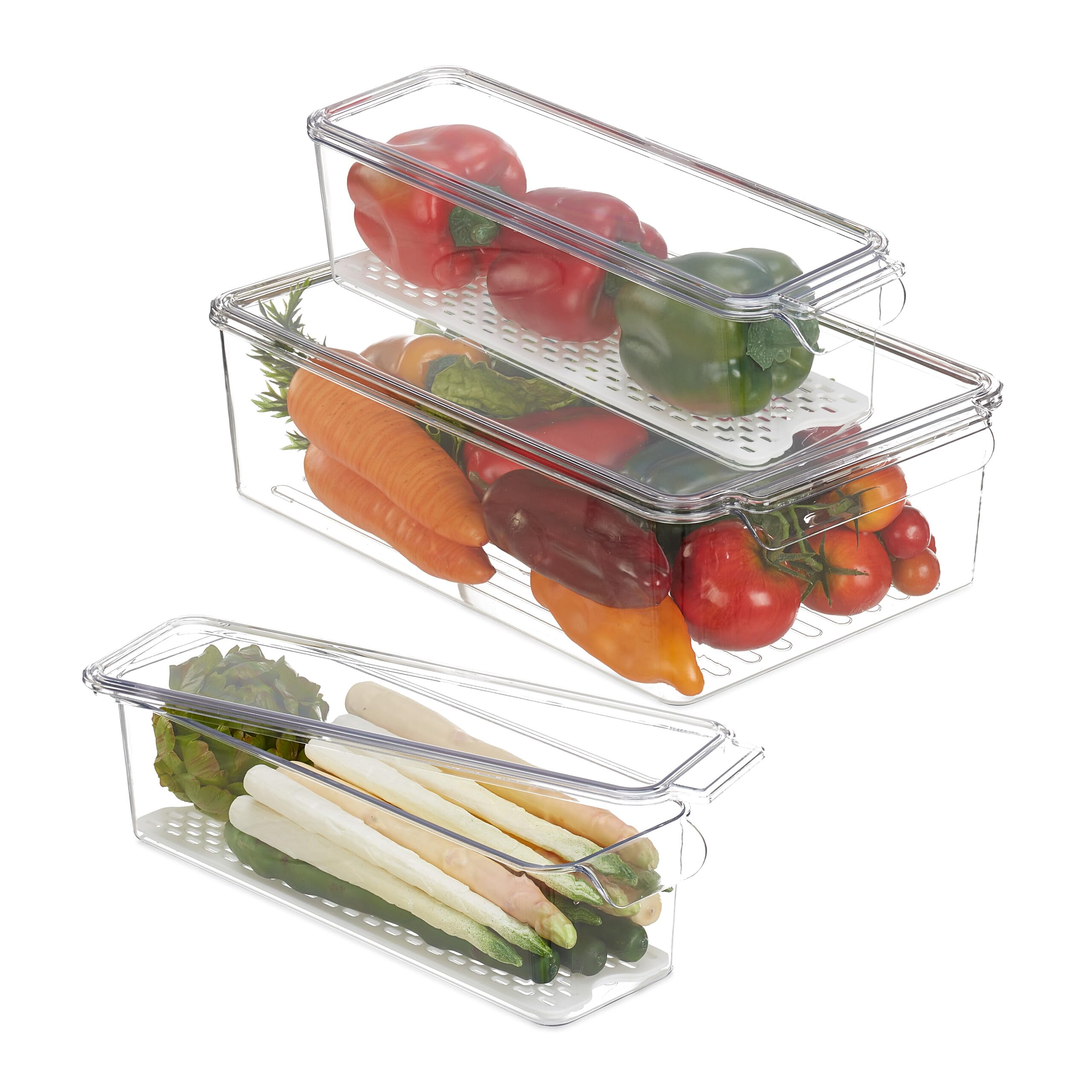Relaxdays 2 Misure, Trasparente/​Bianco Organizer da Frigorifero, in Set da 3, Contenitore da Cucina con Coperchio, 2 Grandezze, 11 x 23 x 37,​5 cm