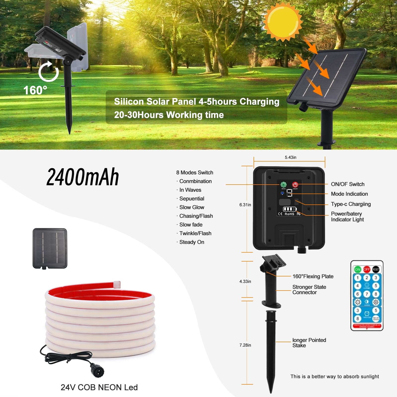 KISUFU 24V Bande LED lumineuse solaire Extérieur, 320 LEDs/m IP68 Étanche Auto-adhésive 2400mah Solar Powered Ruban LED Light Strip avec télécommande et 8 modes pour porche, décoration de jardin.