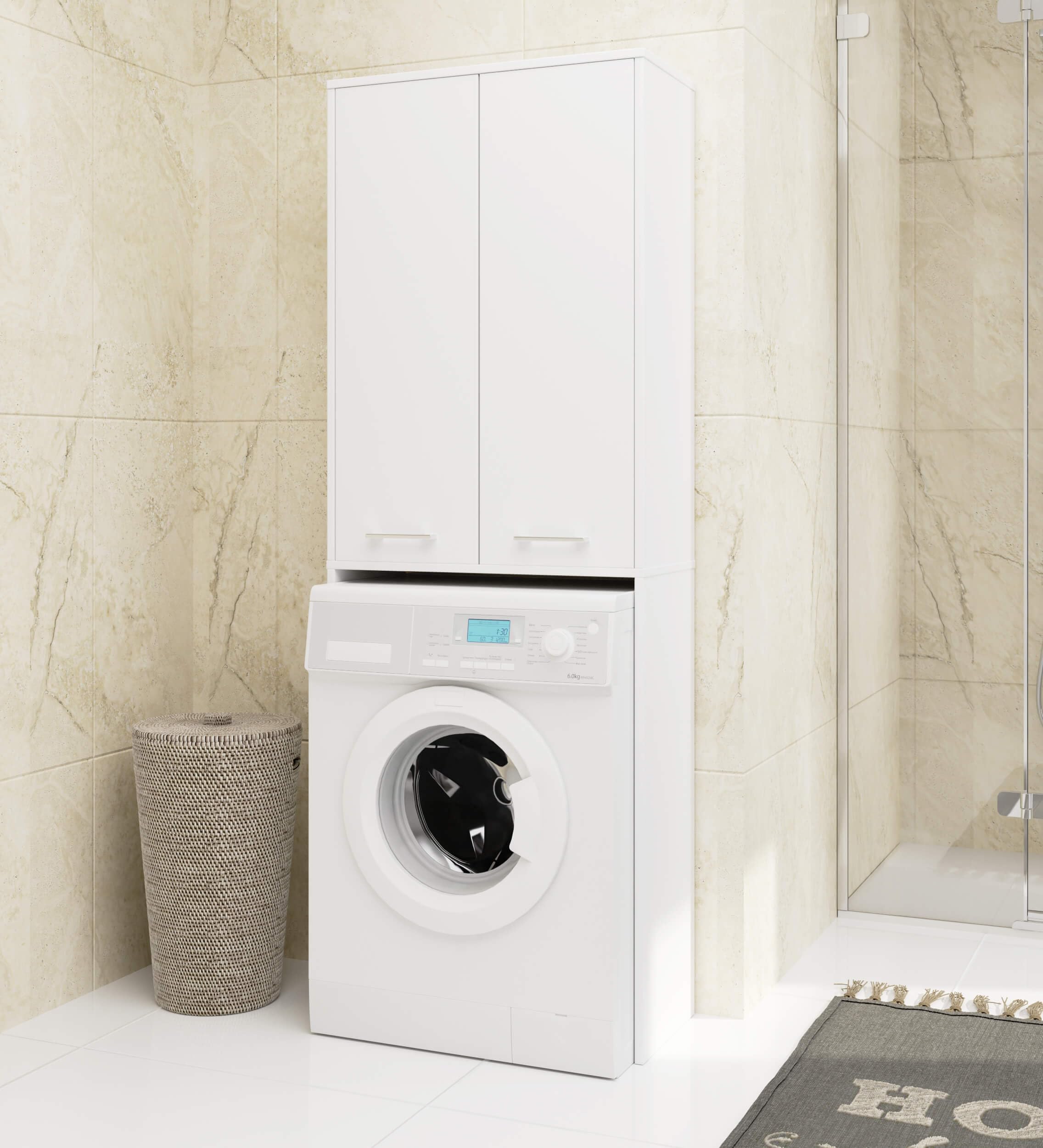 AKORD | Armadio Pensile per Lavatrice FIN 180 | Armadio di trasformazione con 2 Ante, 4 Ripiani | Archivio per bagno | Cassettiera per lavatrice | 64x180x30 cm | Bianco + Bianco Frontale