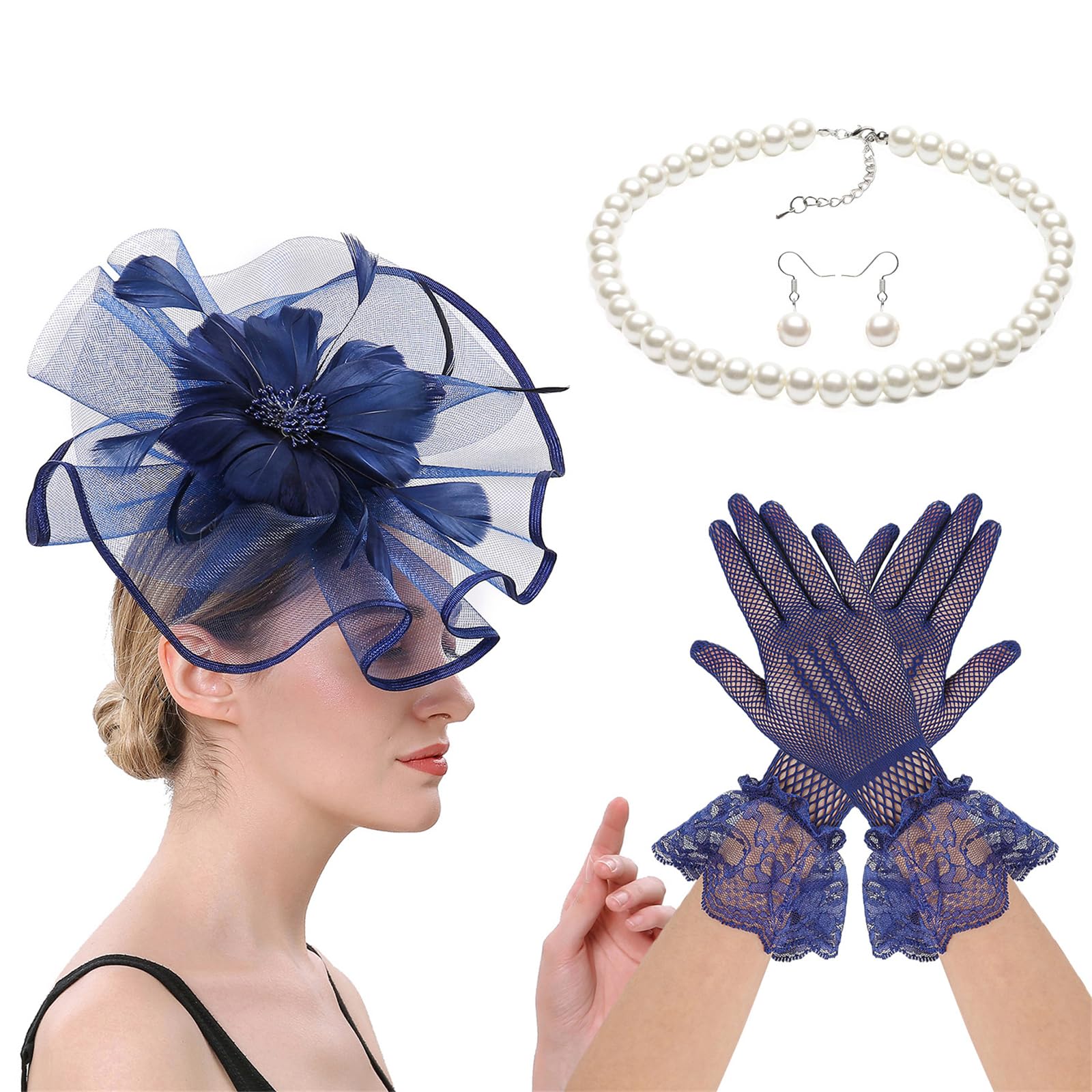 YUXITA Lace Feathered Flower Fascinator Headwear Necklace Gloves Set for Women Horse Racing Festival Headpiece Hair Accessories