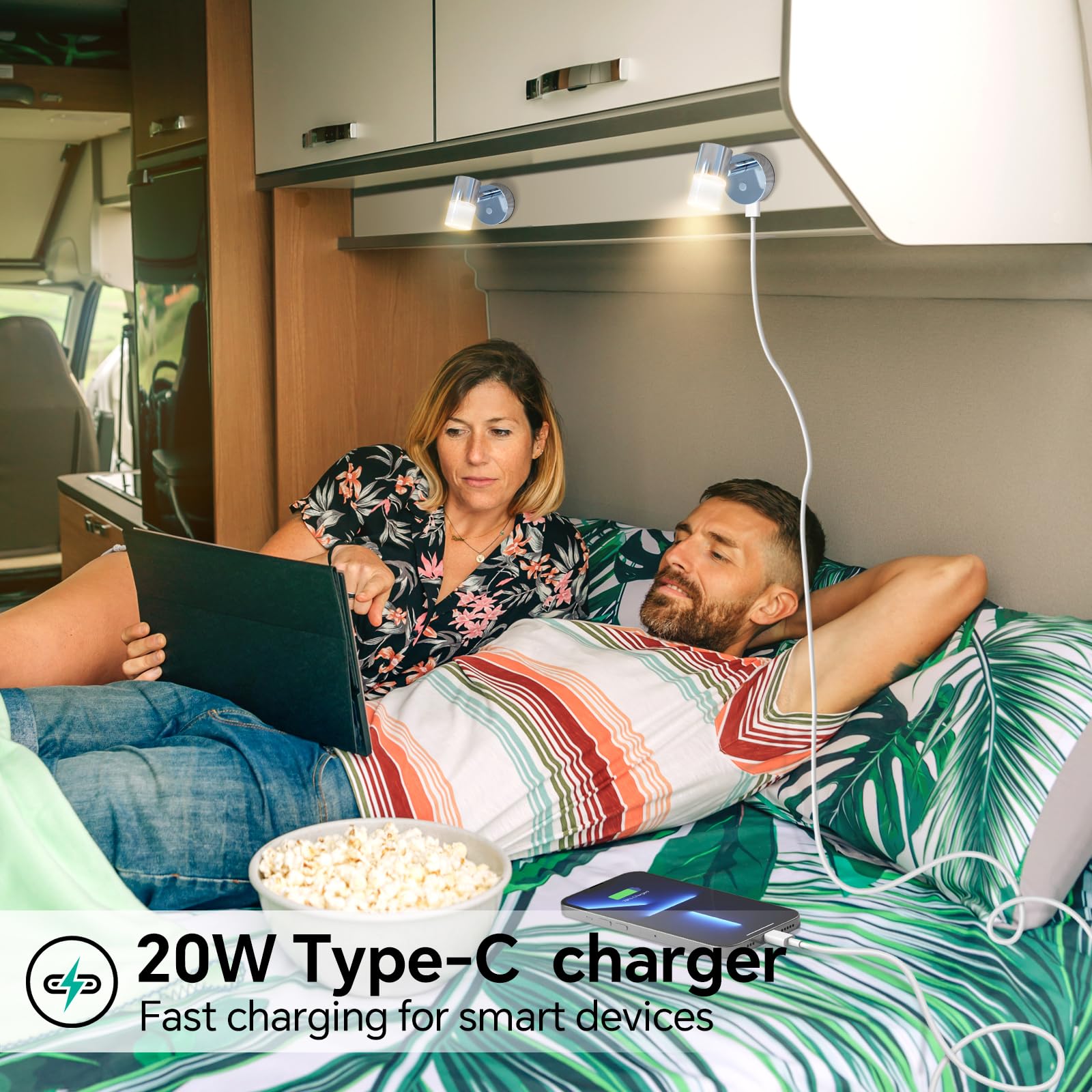 acegoo Lampada da Lettura 12V LED Camper Dimmerabile 3200K DC12-24V Spot Acrilico con Caricatore Rapido USB C, per Caravan Furgone Barca Camion Auto Illuminazione Interna, Cromato