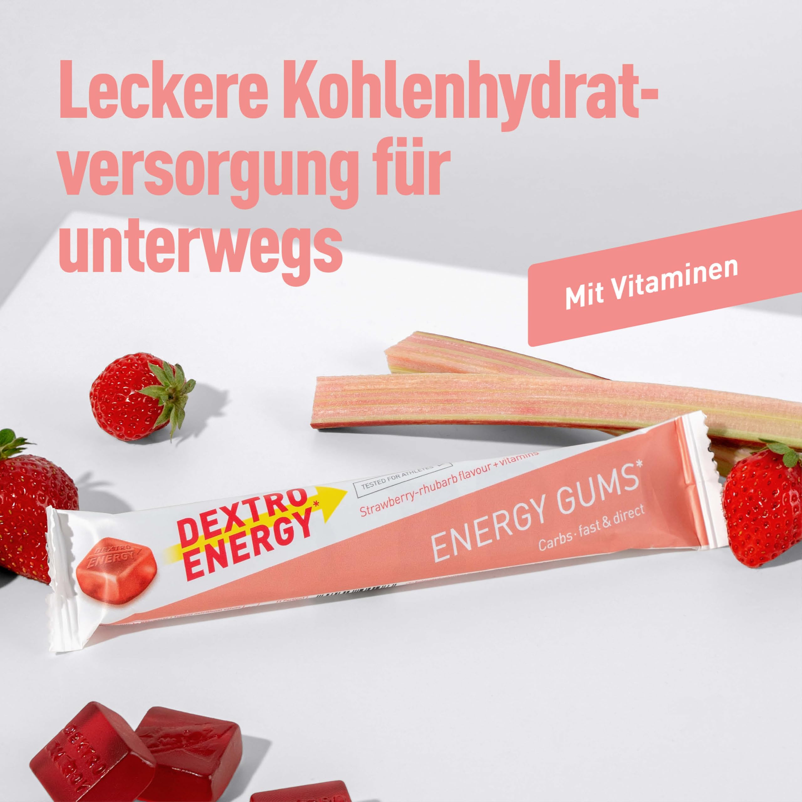 Dextro Energy Gums Strawberry Rhababer + Vitamins - 8x45g (8er Pack), High Carb Sport Gummies zur schnellen Kohlenhydrate Versorgung