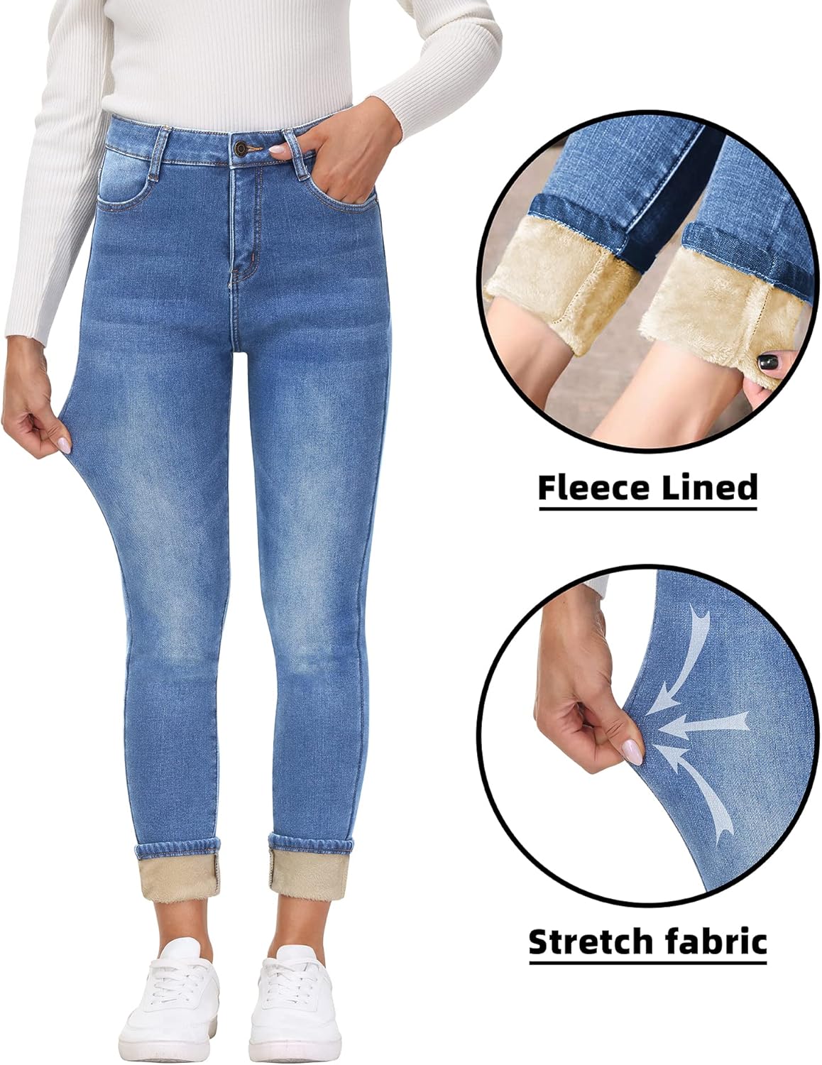 AMRSPENG Women's Fleece Lined Jeans Winter Flannel Lined Pants Thicken Stretch Warm Thermal Skinny Jeans - Image 3