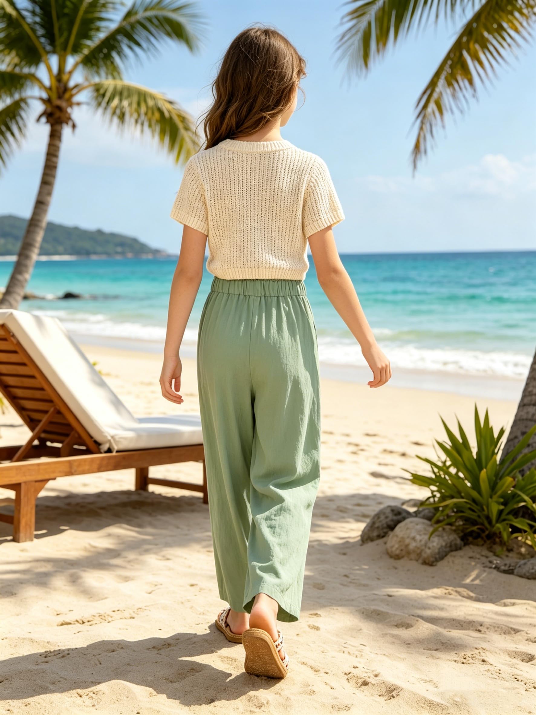 Rolanko Mädchen-Hose mit Weitem Bein, Fließender Paperbag Stil Elastische Taille Sommer Palazzo Hose mit Taschen für lockere Passform
