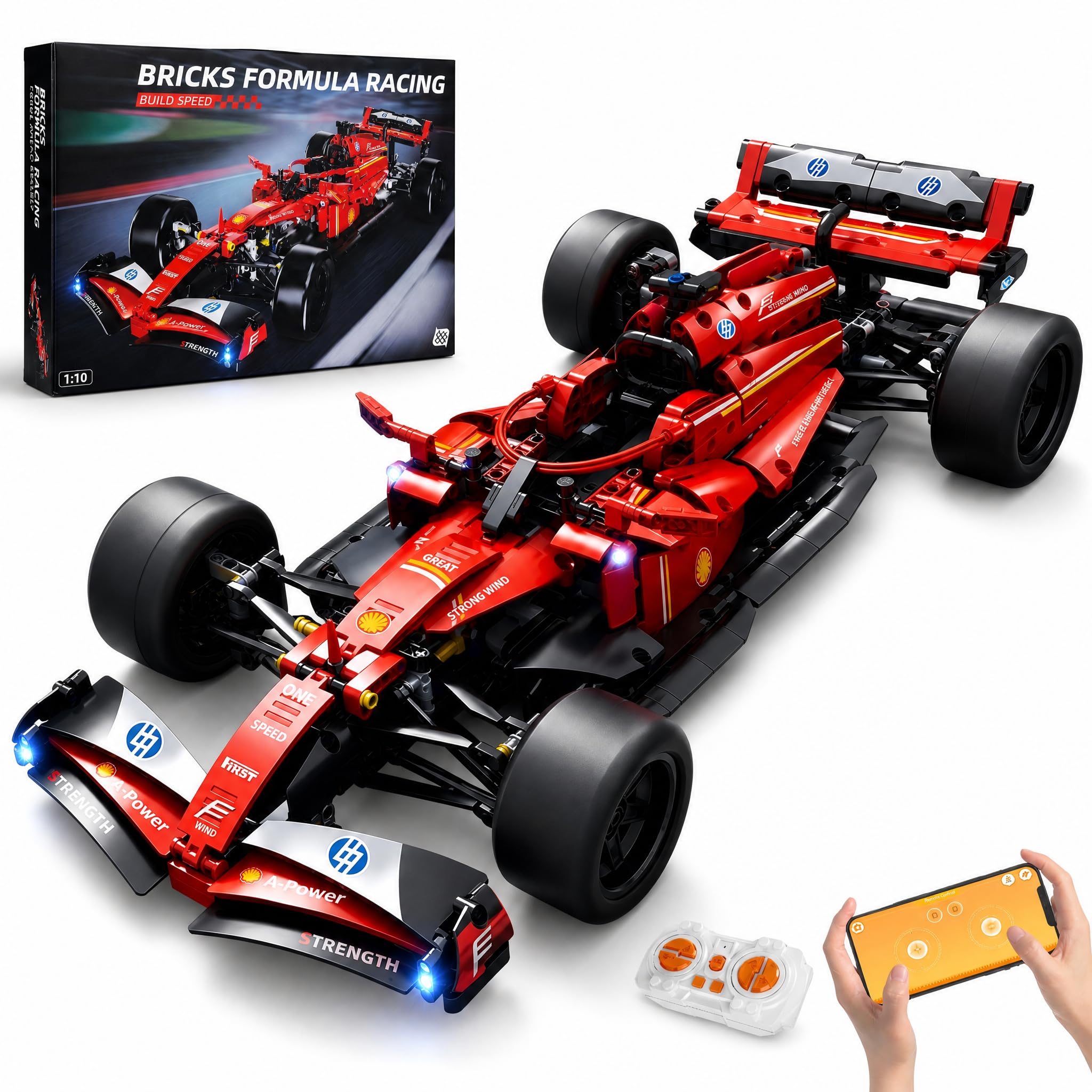 AoreSpty F1 RC Car Building Kit 1:10 Scale, 1086 Pcs Red Formula 1 Toy Cars LED Lights Remote Control, Boys Toys Construction Toy F1 Gifts Teens Adults