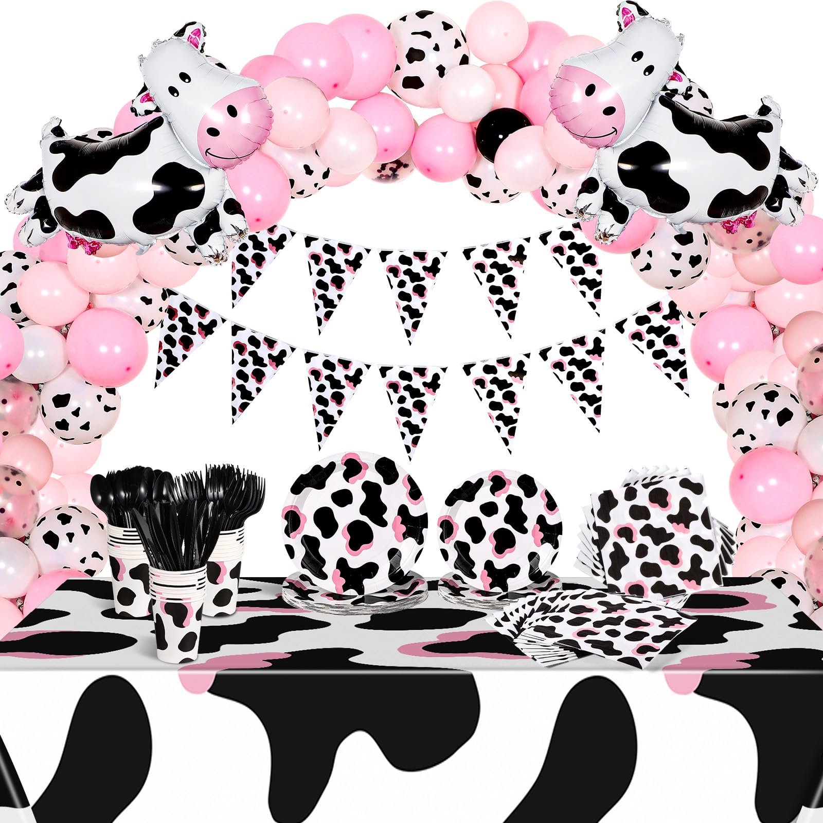 Libima 277 Pcs Pink Cow Party Supplies with Plates Cups Napkins Knife Spoons Forks Tablecloths Serves for 24 Cow Balloon Arch Garland Kit Cow Pennant Banner for Farm Birthday Baby Shower