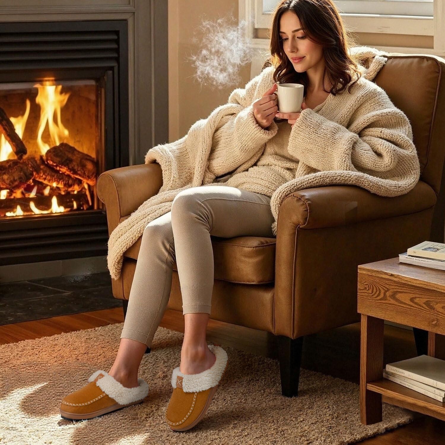 LongBay Womens Felt Sherpa Warm Slippers Bedroom Cozy Memory Foam Moccasin House Shoes with Fuzzy Plush Lining for Winter Indoor Outdoor - Image 2