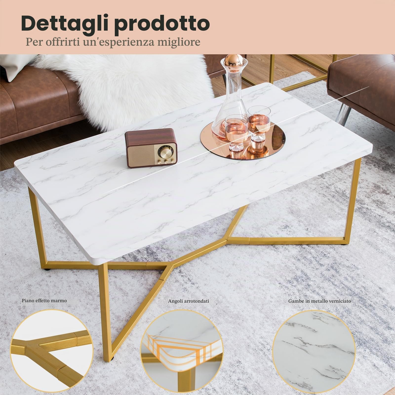 LIFEZEAL Tavolino da Salotto, Oro Bianco, con Effetto di Marmo, Tavolino da Caffè, Tavolino Basso da Divano, Moderno, Telaio in Acciaio, Max 95 kg, per Soggiorno, Montaggio Semplice, 107x60x45,5 cm
