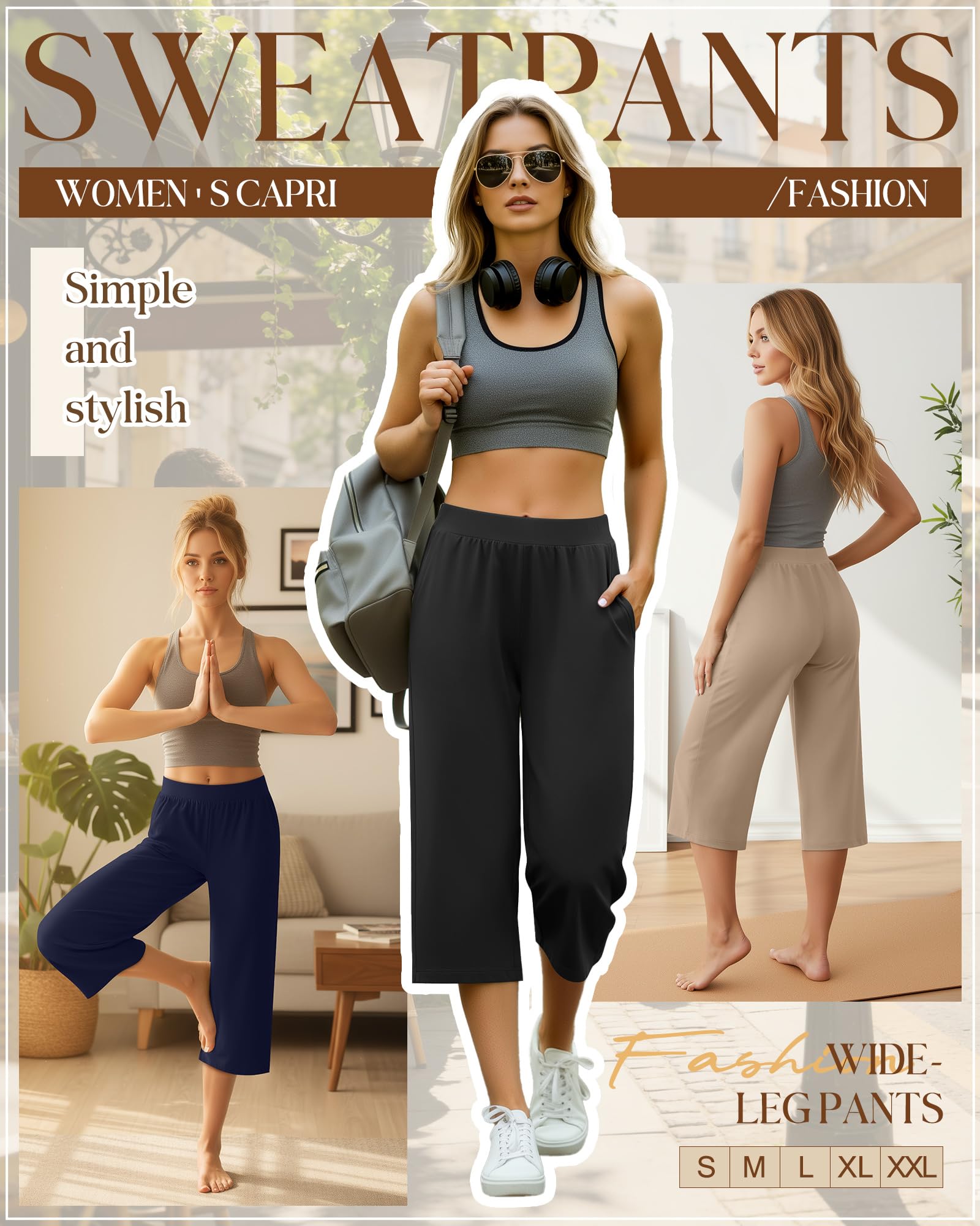 Geyoga Pack de 3 Pantalones Capri de chándal para Mujer, Perneras Anchas, Capri Cropped con Bolsillos, Pantalones Jogger
