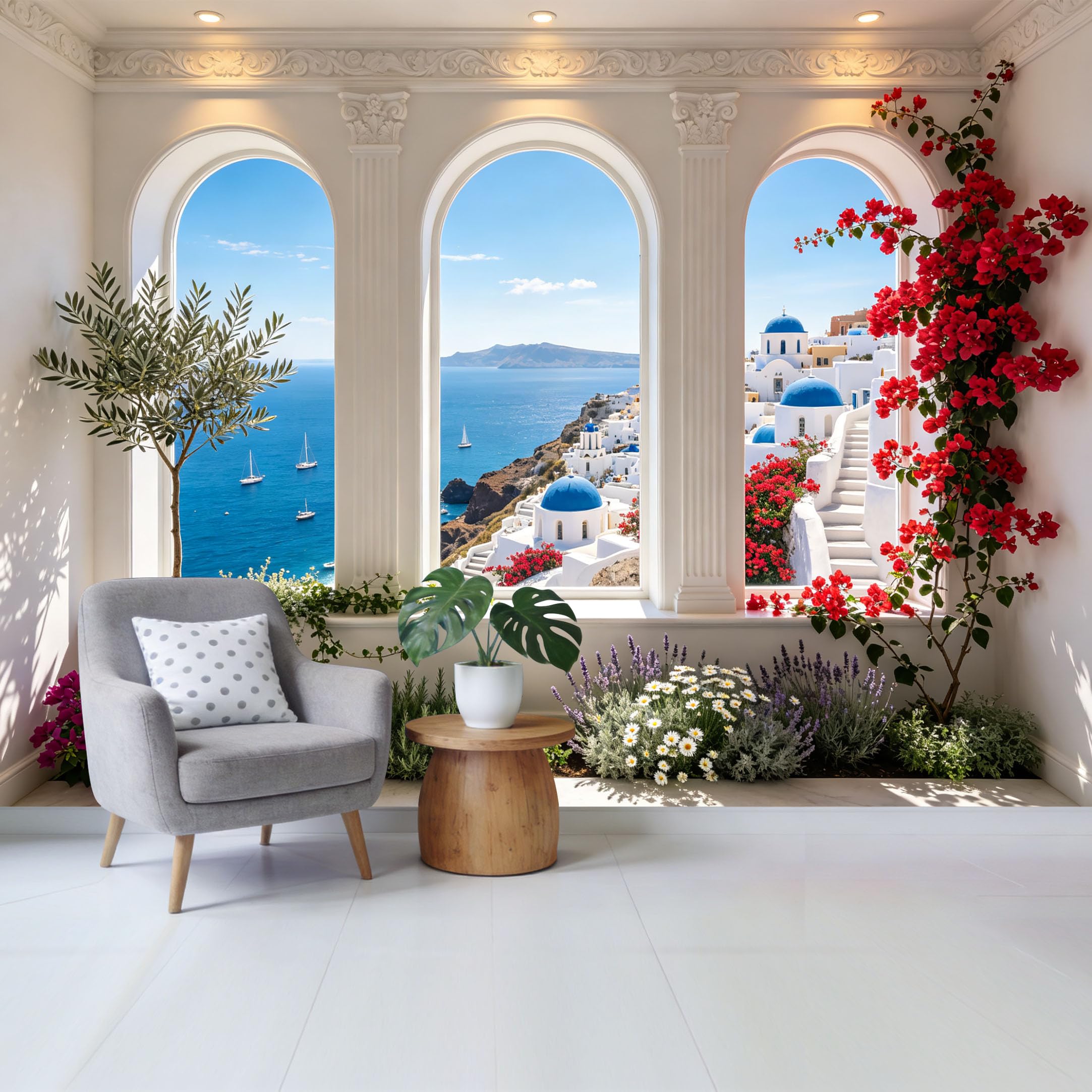 Custom Size Wall Mural Mediterranean Coastal Greek Island Architecture Sea View Bougainvillea Floral Landscape Removable Self Adhesive Fabric Home Wall Decor for Living Room Bedroom Bathroom