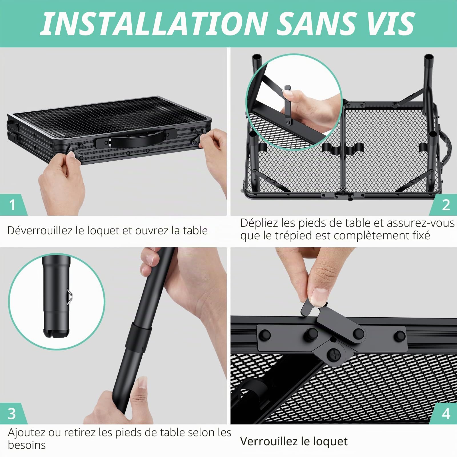 VINTEAM Table de Camping Pliante 3 Hauteur Réglable Grille 58 * 40cm | Charge 30kg, Résistant à la chaleur, Facile à Nettoyer, Cadre en Aluminium Solide pour BBQ, Pique-Nique, Jardin, en Plein air