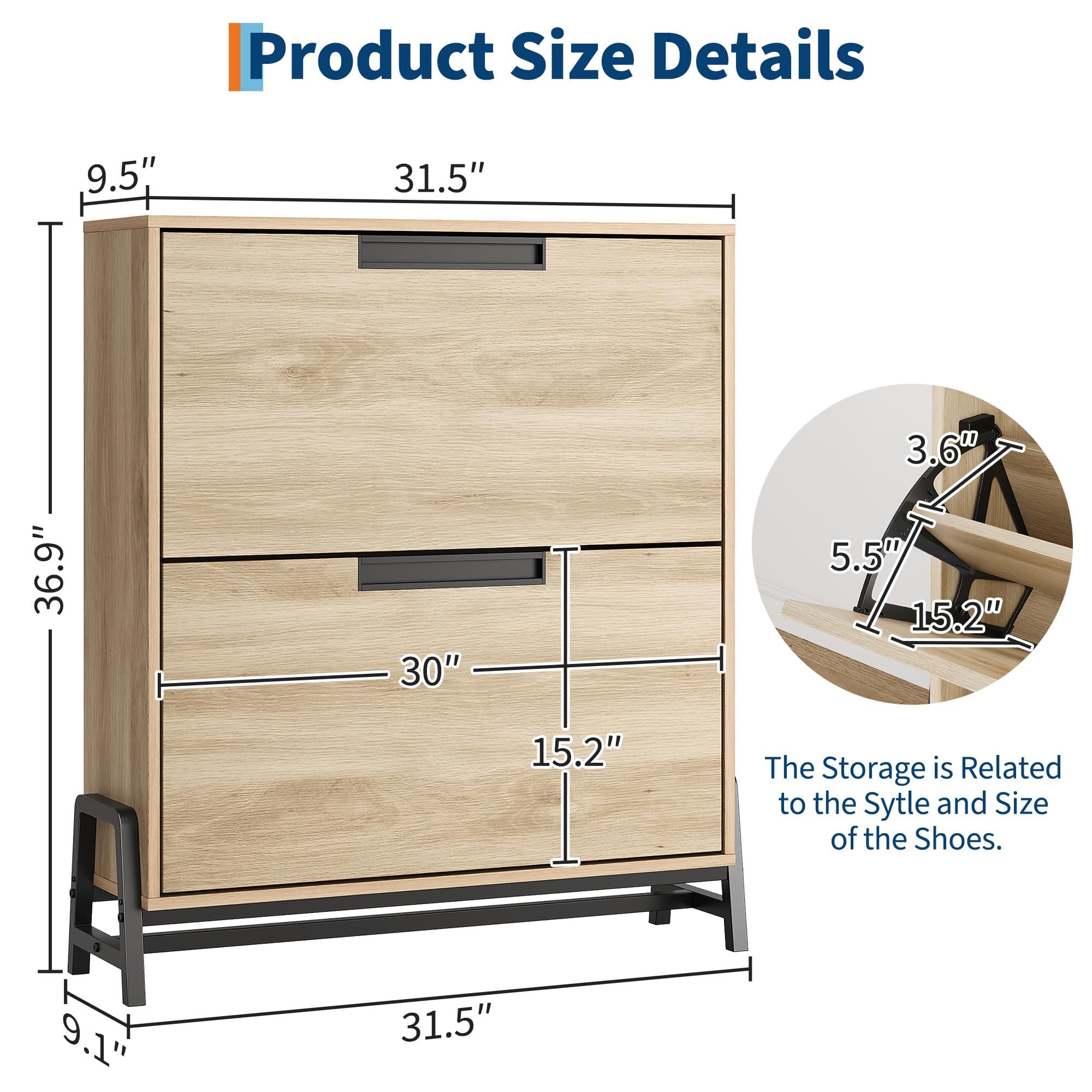Garvee Kippschuhschrank schmal, Schuhkipper Holz mit 2 Klappen, Schuhschrank mit verstellbaren Regalen & Metallbeinen, Platzsparender Schuh-Organizer Schuhkommode für Flur, Eingangsbereich