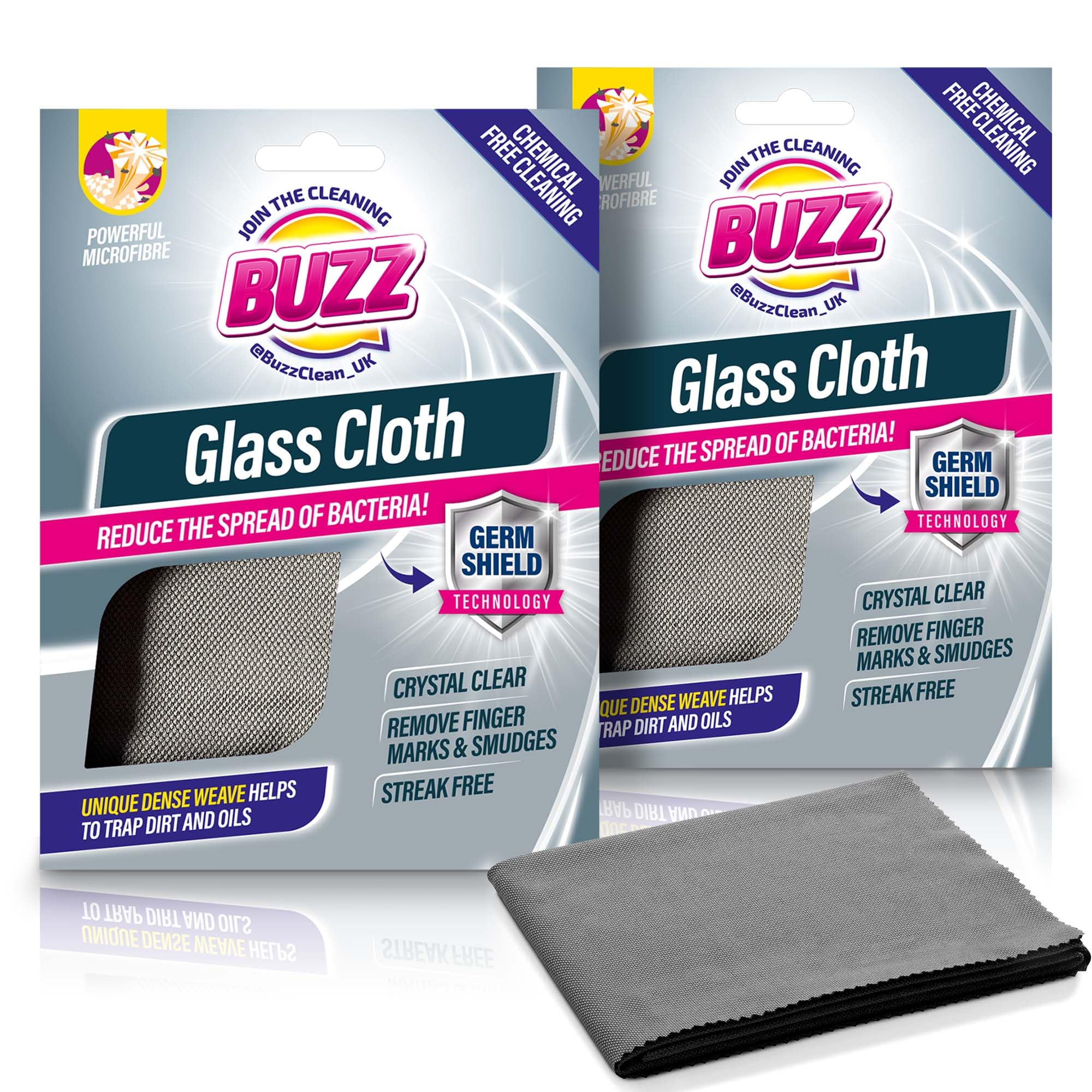 Join The Cleaning Buzz Grey Buzz 2Pk Glass Cloth With Germ Shield, 39Cm X 49Cm Glasses Cloth For Streak-Free Microfibre Cleaner, Multipurpose Durable Lens & Screen Cleaning, Crafted With Soft Material, Absorbs Oil & Dirt