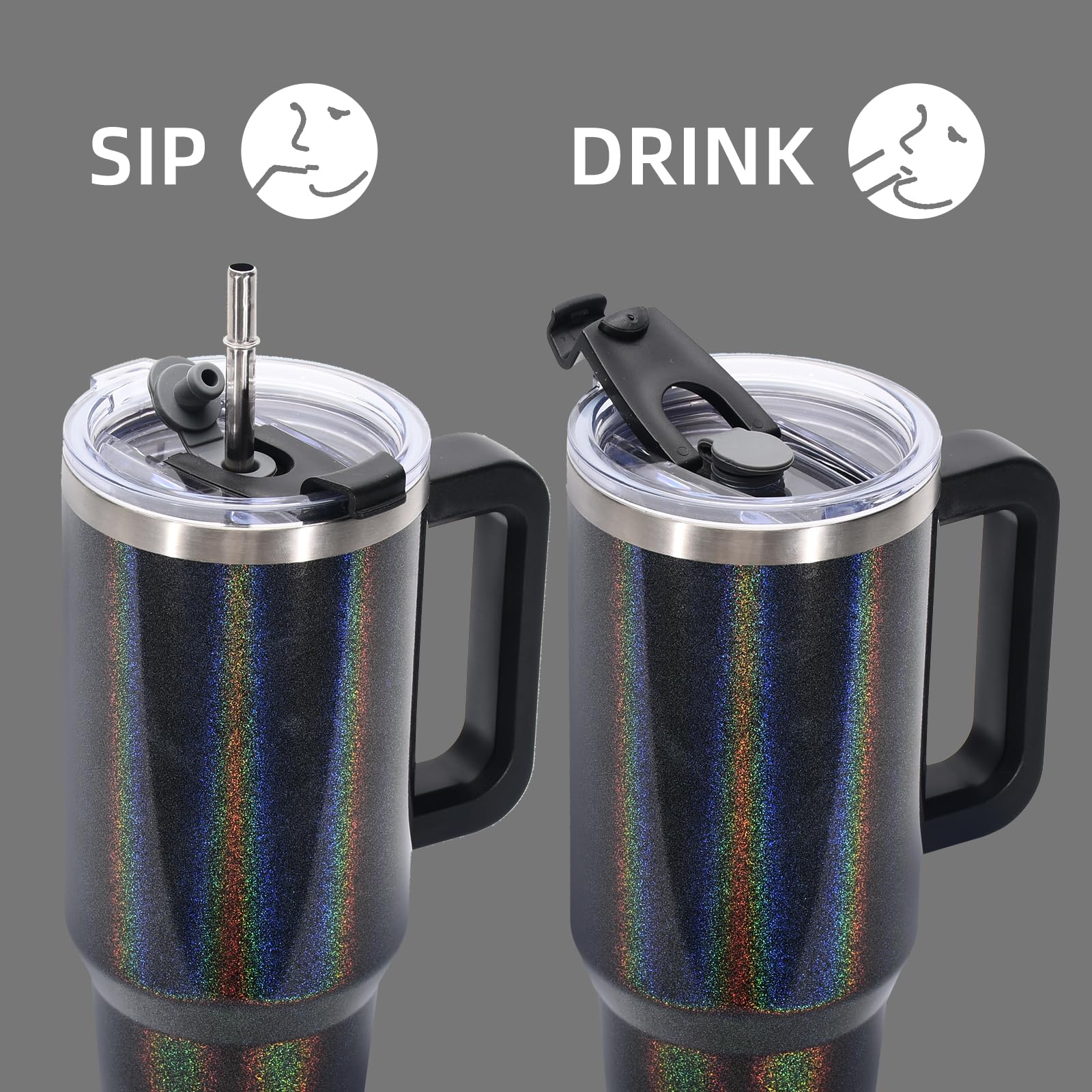 WATERSY Tasse Thermique 40 oz avec poignée et paille, Bouteille Isotherme sous vide 1182 ml, Anti-Fuite, Lavable au Lave-Vaisselle, pour Voyage, Bureau, Salle de Sport (Noire)