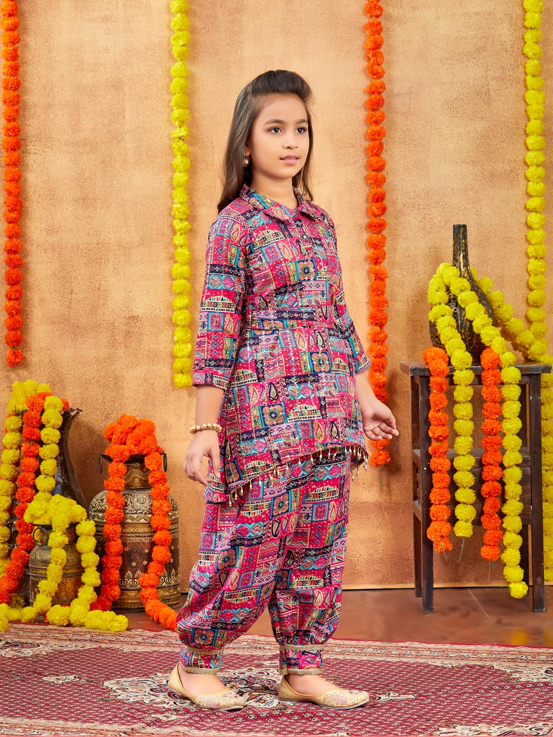 Aarika Girls Ethnic Wear Rani Colour Abstract Printed Cotton Kurti Patiala Set With Belt (4-10 Years)