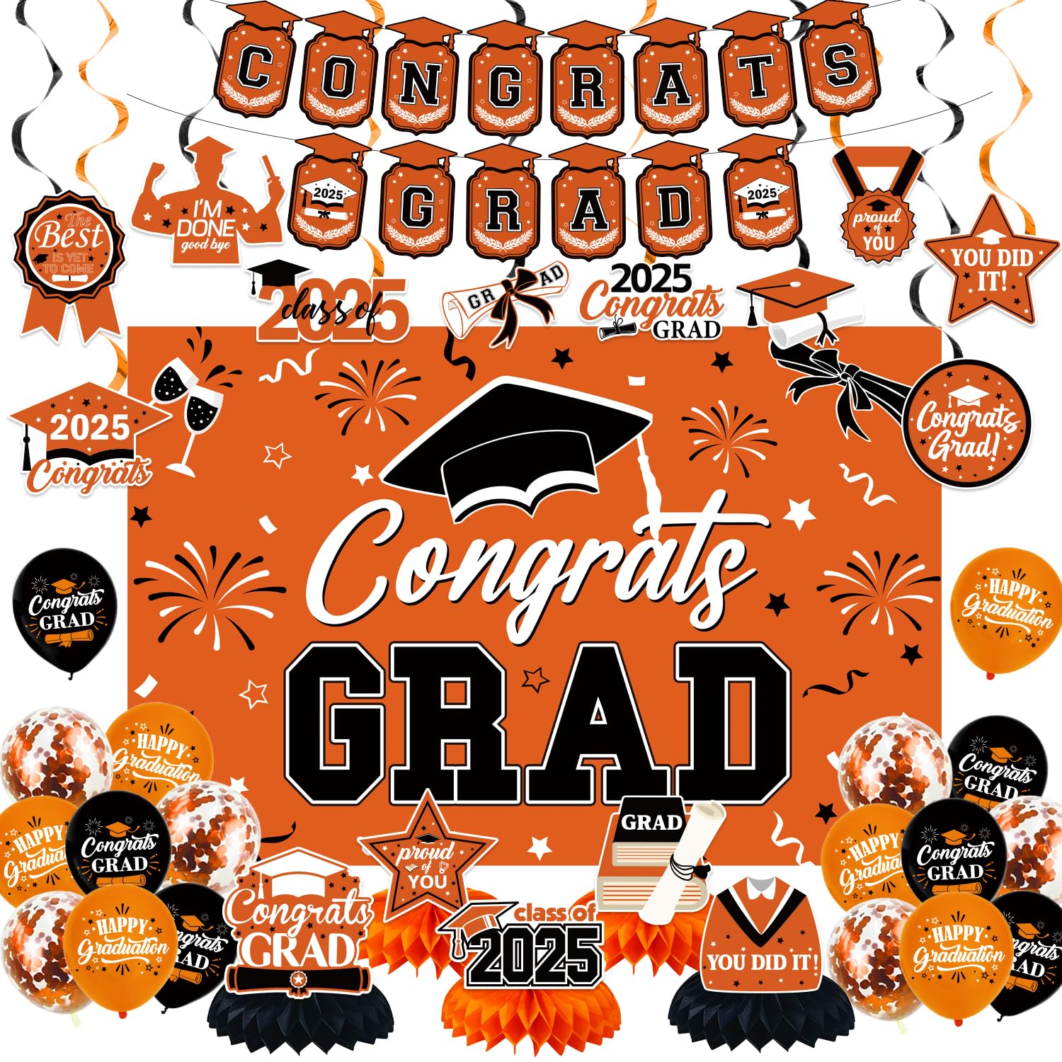 Graduation Decorations Class Of 2025, Graduation Party Decorations Including Congrats Grad Banner Backdrop Hanging Swirls Latex Balloons Honeycomb Centerpieces, Graduation Party Supplies(Orange Black)