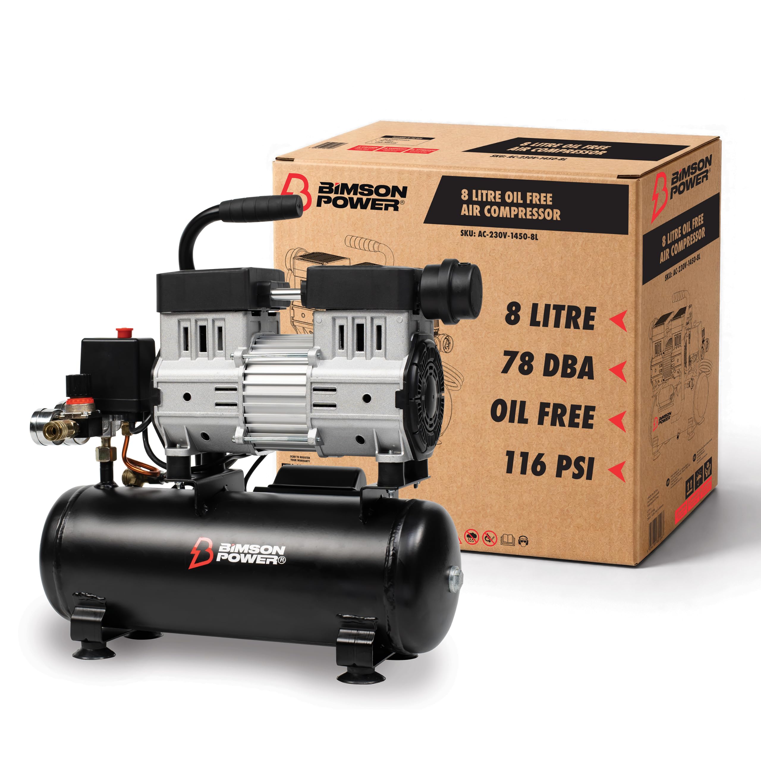 Bimson Power Black Low Noise Electric Air Compressor - 8 Litre Tank 116 Psi/8 Bar