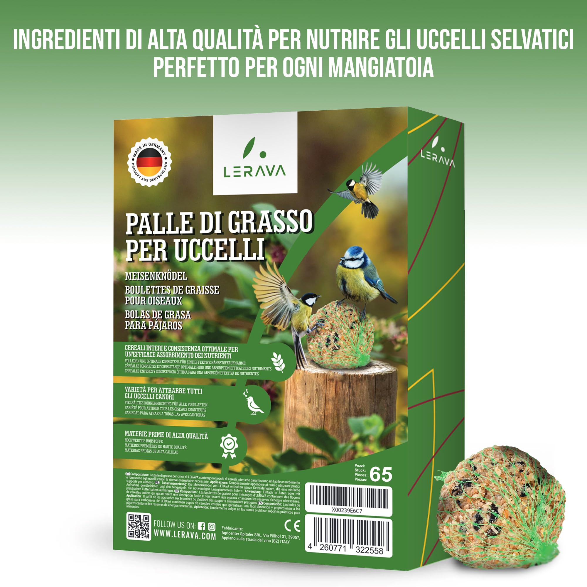 LERAVA Palline di grasso (65 pezzi) - Mangime energetico per uccelli selvatici - Cibo invernale ricco di energia - Alimentazione naturale per uso esterno tutto l'anno per tutte le specie di uccelli