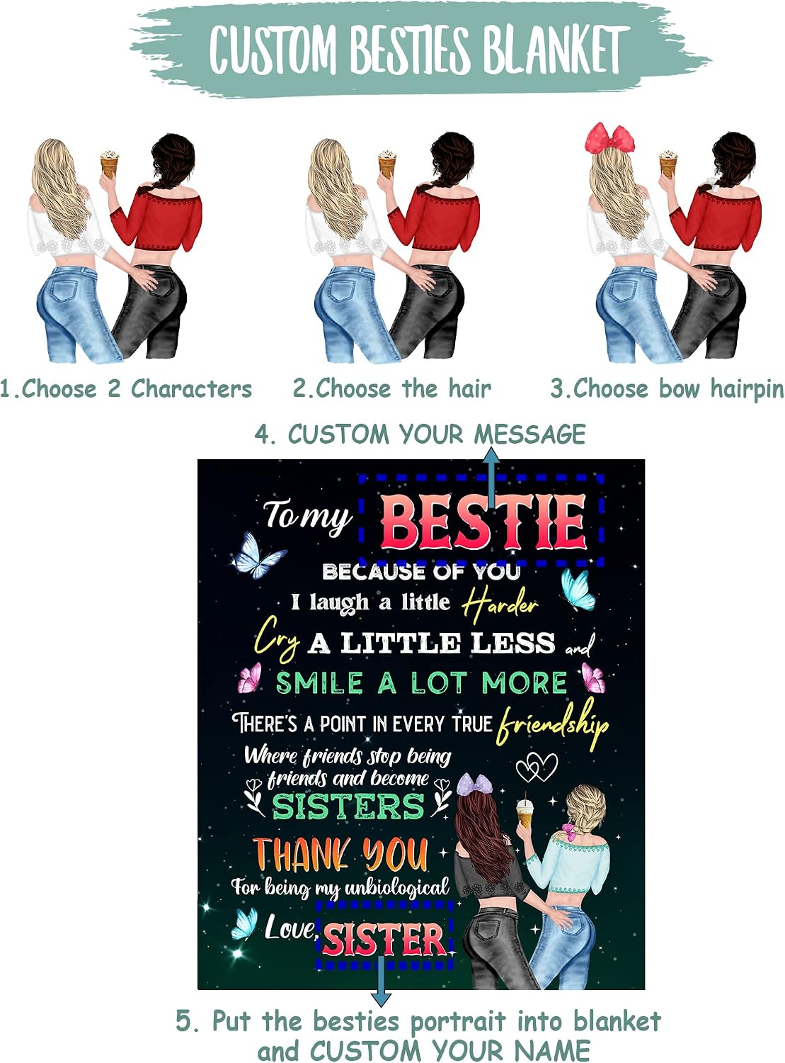 Personalized Blanket To My Bestie Throw Blanket, To My Best Friend Blanket, Friendship Blanket, BFF Gifts for Women, Thank You For Being My Unbiological Sister, Customized Name, Custom Woven Blanket 3