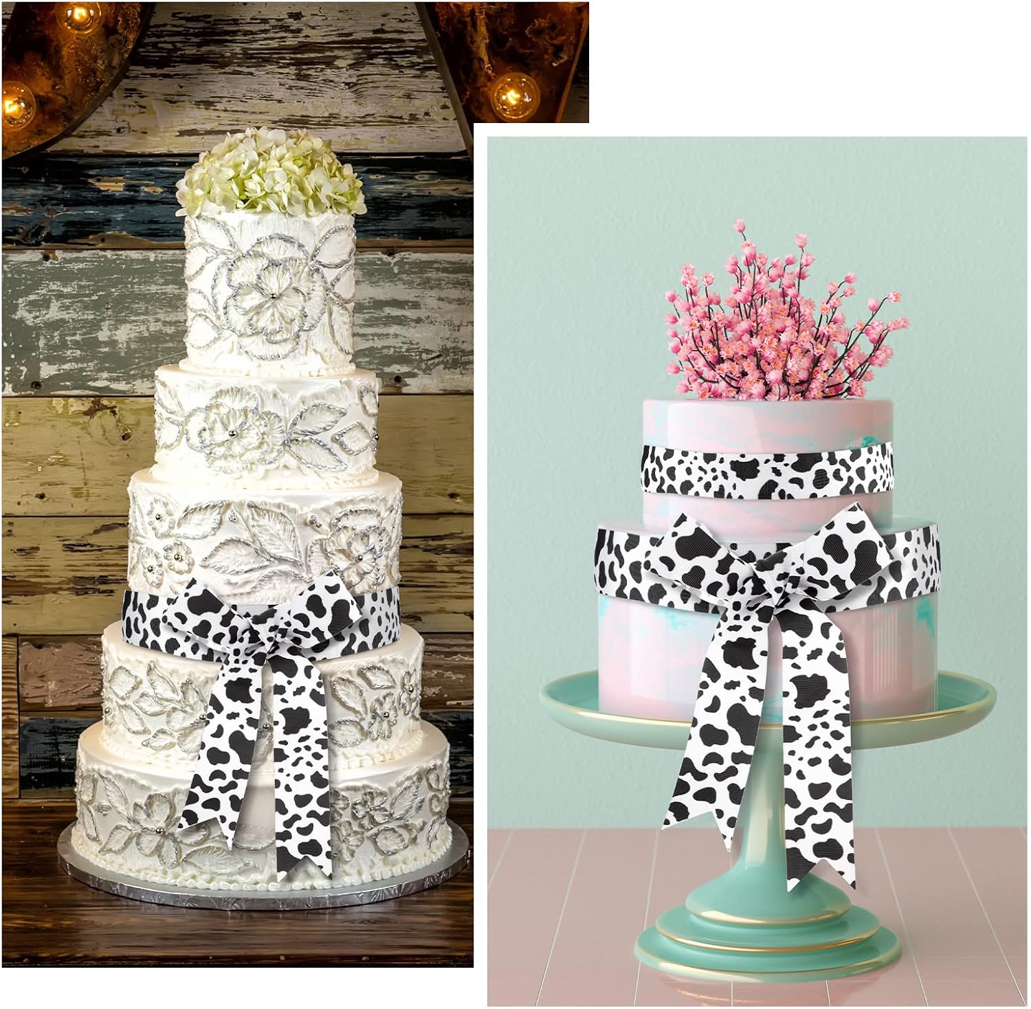 Juexica 3 Rolls 15 Yards Cow Print Ribbon Cow Spot Pattern Wrapping Wired Edge Burlap White and Black Ribbon Animal Print Theme Party Favor for Wreath Bow DIY Crafts Party Decorations