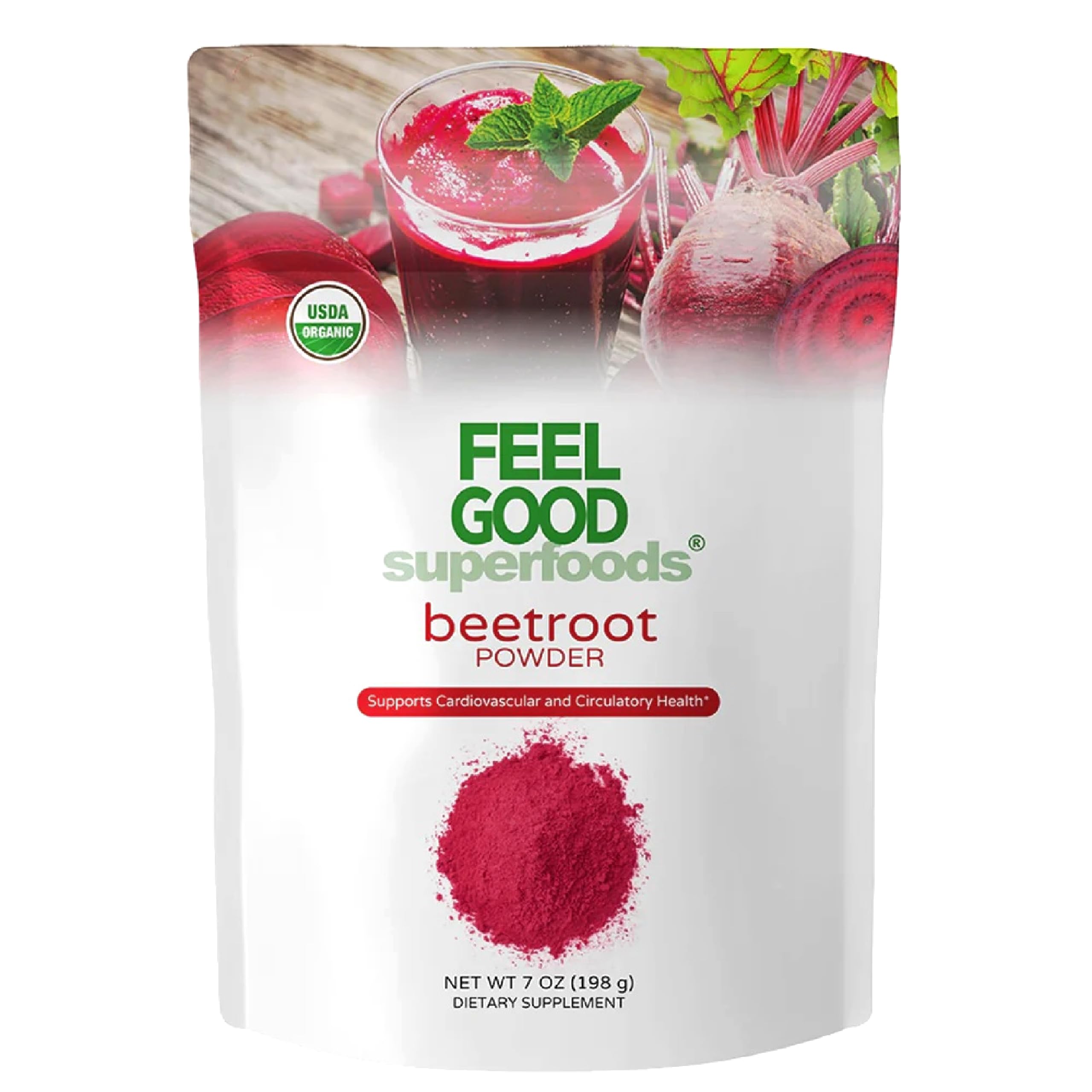 FeelGood Superfoods Fortified Organic Beetroot Powder - Nitric Oxide Booster for Cooking and Smoothies - Pure Beets with 10:1 Beet Root Extract - Supports Cardiovascular and Circulatory Health - 7 oz