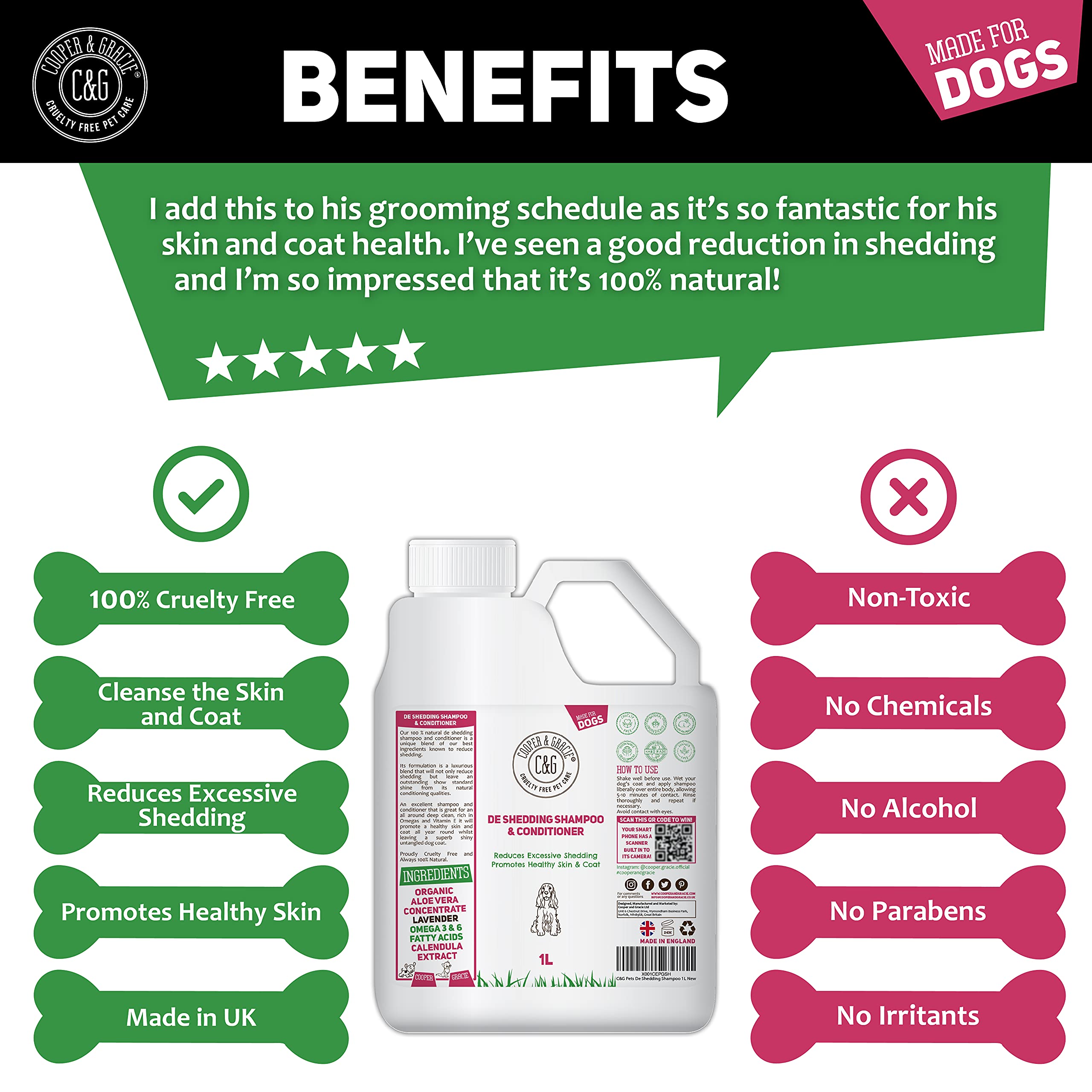 C&G Pets | De Shedding Shampoos & Conditioners für Hunde, 1 Liter, reduziert übermäßiges Ausfallen, fördert gesunde Haut und Fell, 100% natürliches Hundeshampoo und Conditioner, Standard-Glanz, Weiß