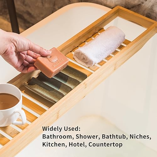 Miniatura 2 de Jabonera de cerámica drenante, diseño estriado, soporte para jabón de barra para ducha y baño, elevación de esponja ahorradora de jabón, color verde