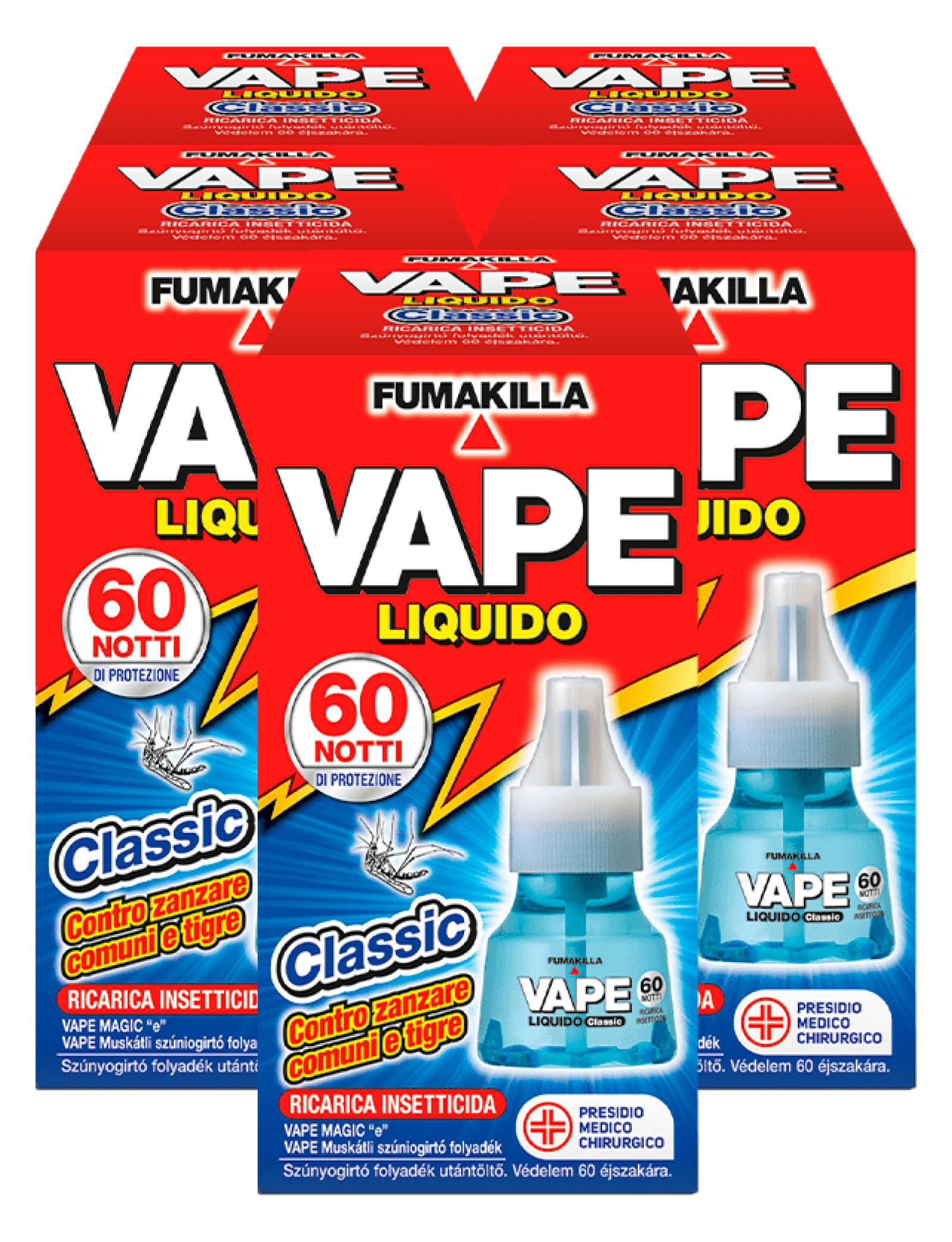 Vape Ricarica Liquida Classic 60 Notti per Diffusore Elettrico Insetticida Zanzare Comuni Tigre e Mosche Presidio Medico Chirurgico - 5 Confezioni