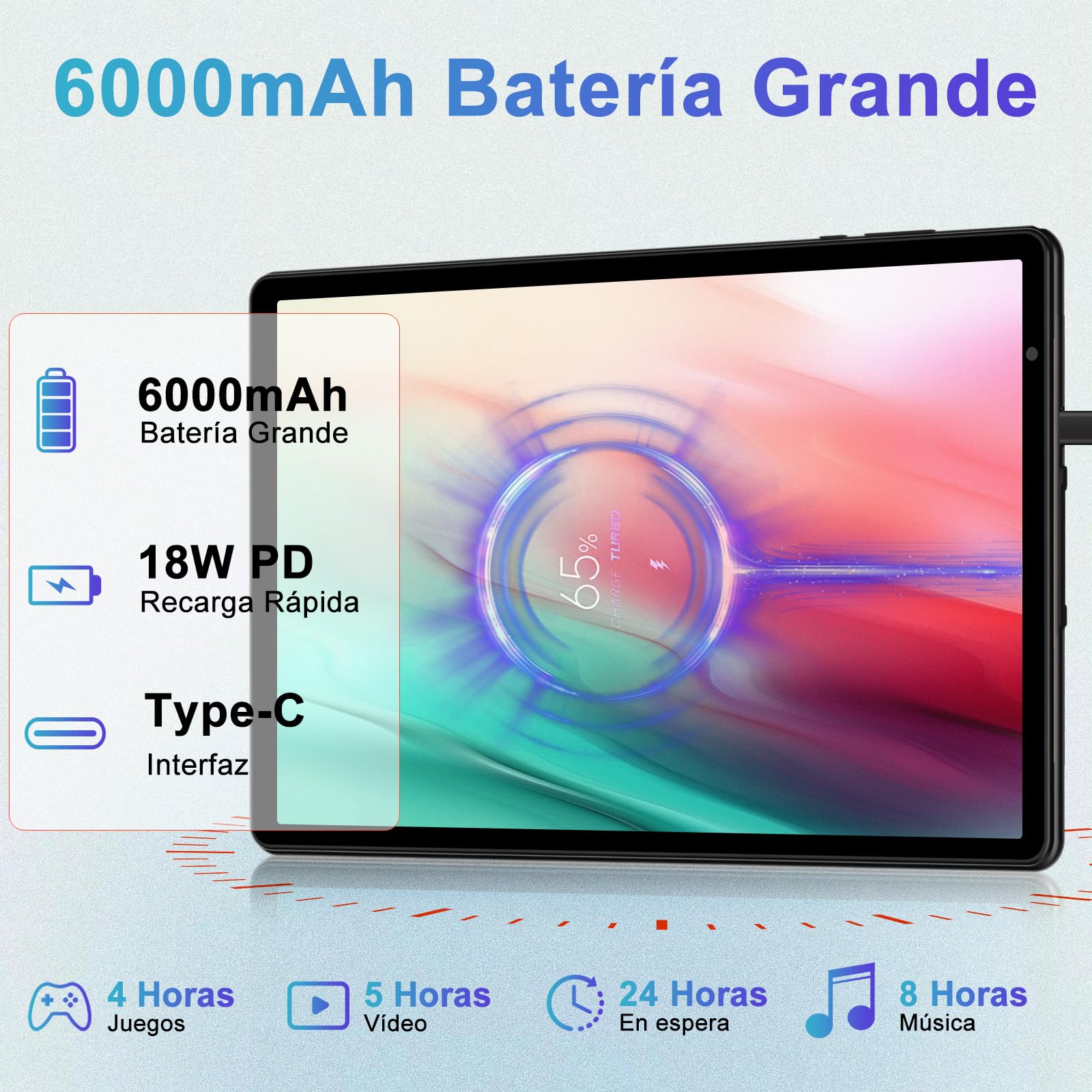 Tablet 10 Pulgadas Android, 20GB RAM + 128GB ROM (TF 1TB), Octa-Core, Widevine L1,GMS/Dual Band WiFi 6/5 MP + 8 MP / 1280 * 800 Pixels/Bluetooth 5.0, Tablet con Funda Negro — view 4