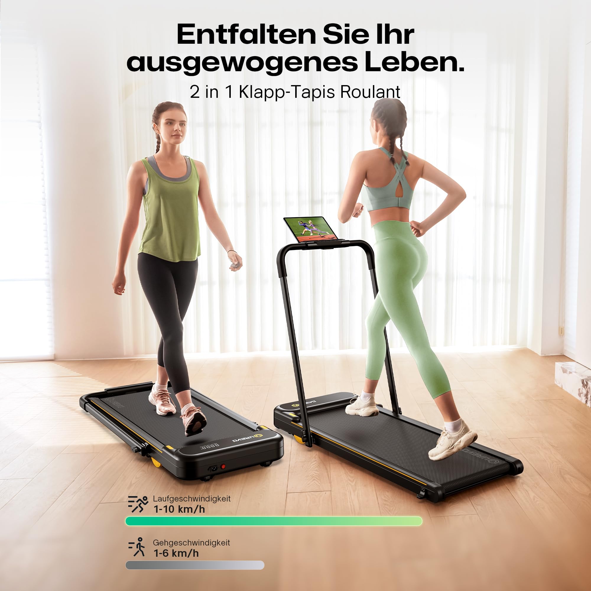 UREVO 2 in 1 Laufband für zuhause mit APP, Walking pad mit doppelter Stoßdämpfung, ‎1-10 km/h Laufband Klappbar mit Fernbedienung und LED-Anzeige für Zuhause/Büro